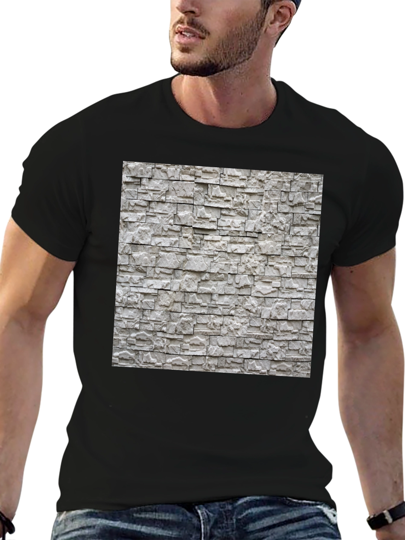 Stylish Stone Wall Print Black T-Shirt