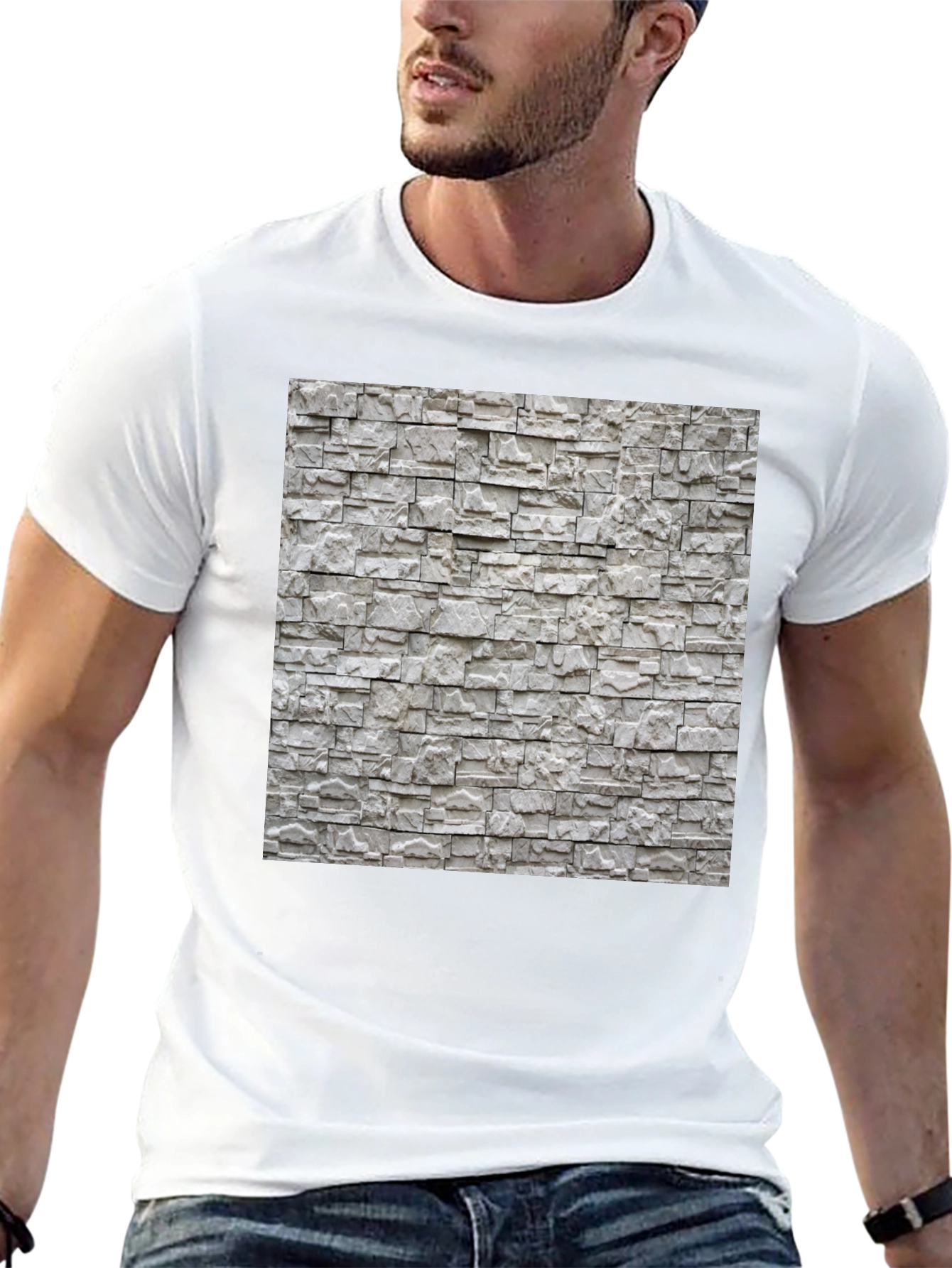 Stylish Stone Wall Print Black T-Shirt