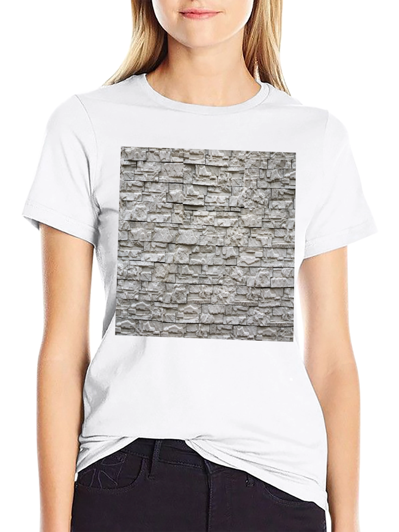 Stylish Stone Wall Print Black T-Shirt