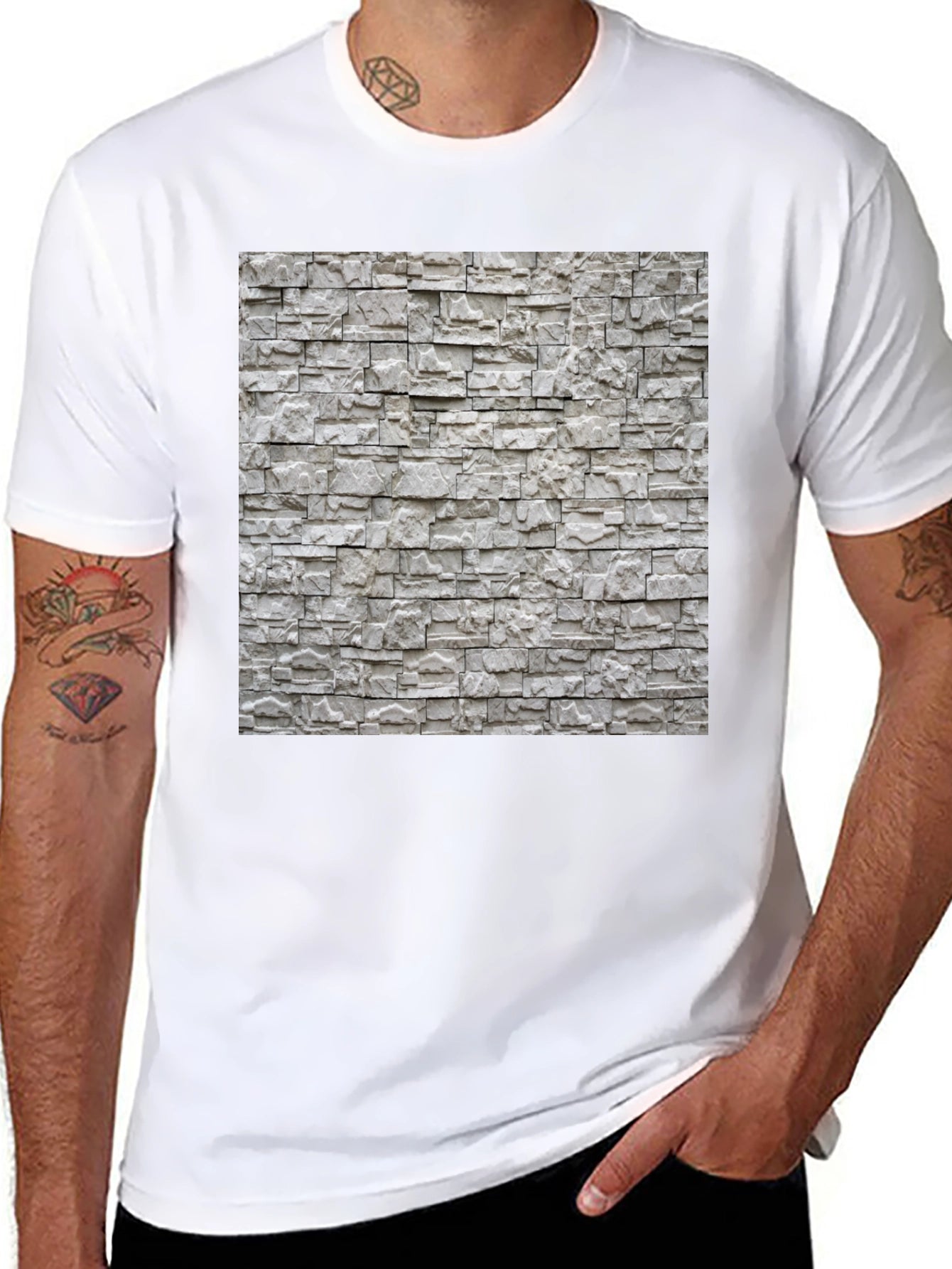 Stylish Stone Wall Print Black T-Shirt