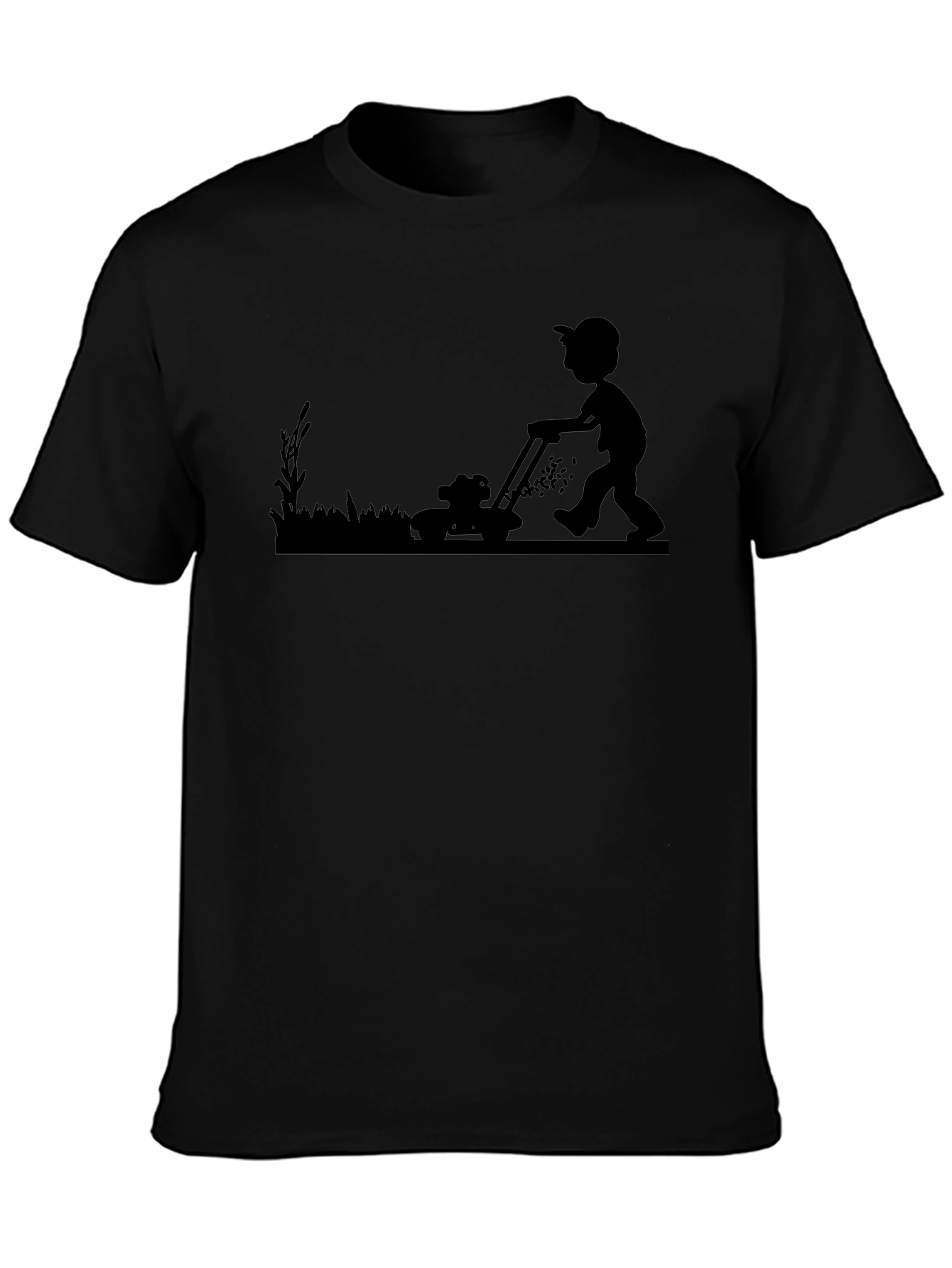 Mens Black T-Shirt with Lawn Mowing Graphic