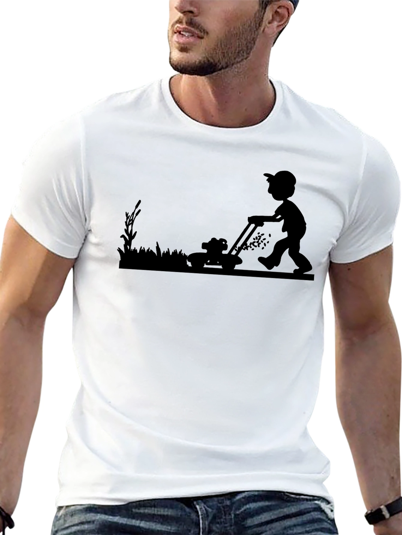 Mens Black T-Shirt with Lawn Mowing Graphic