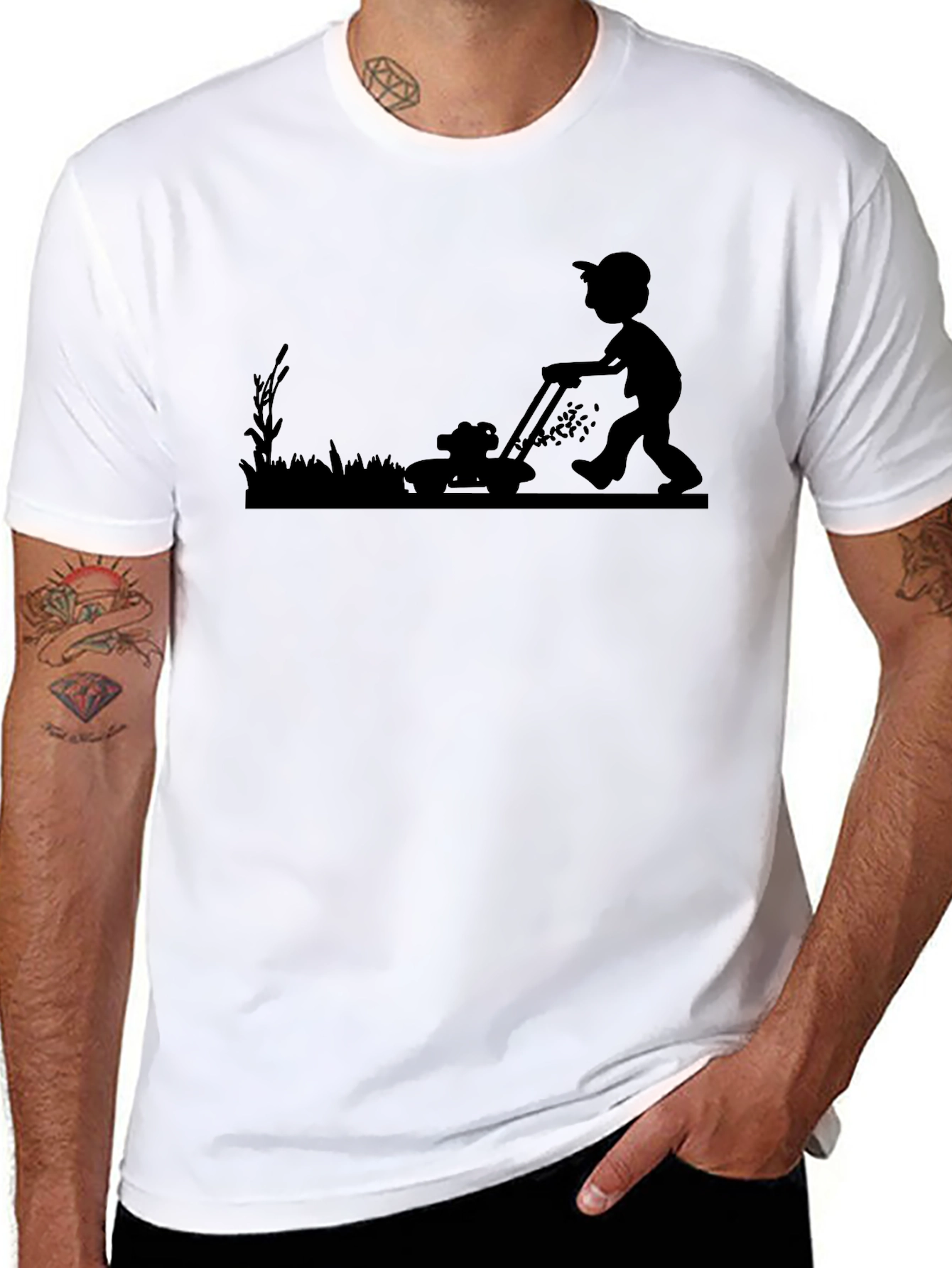 Mens Black T-Shirt with Lawn Mowing Graphic