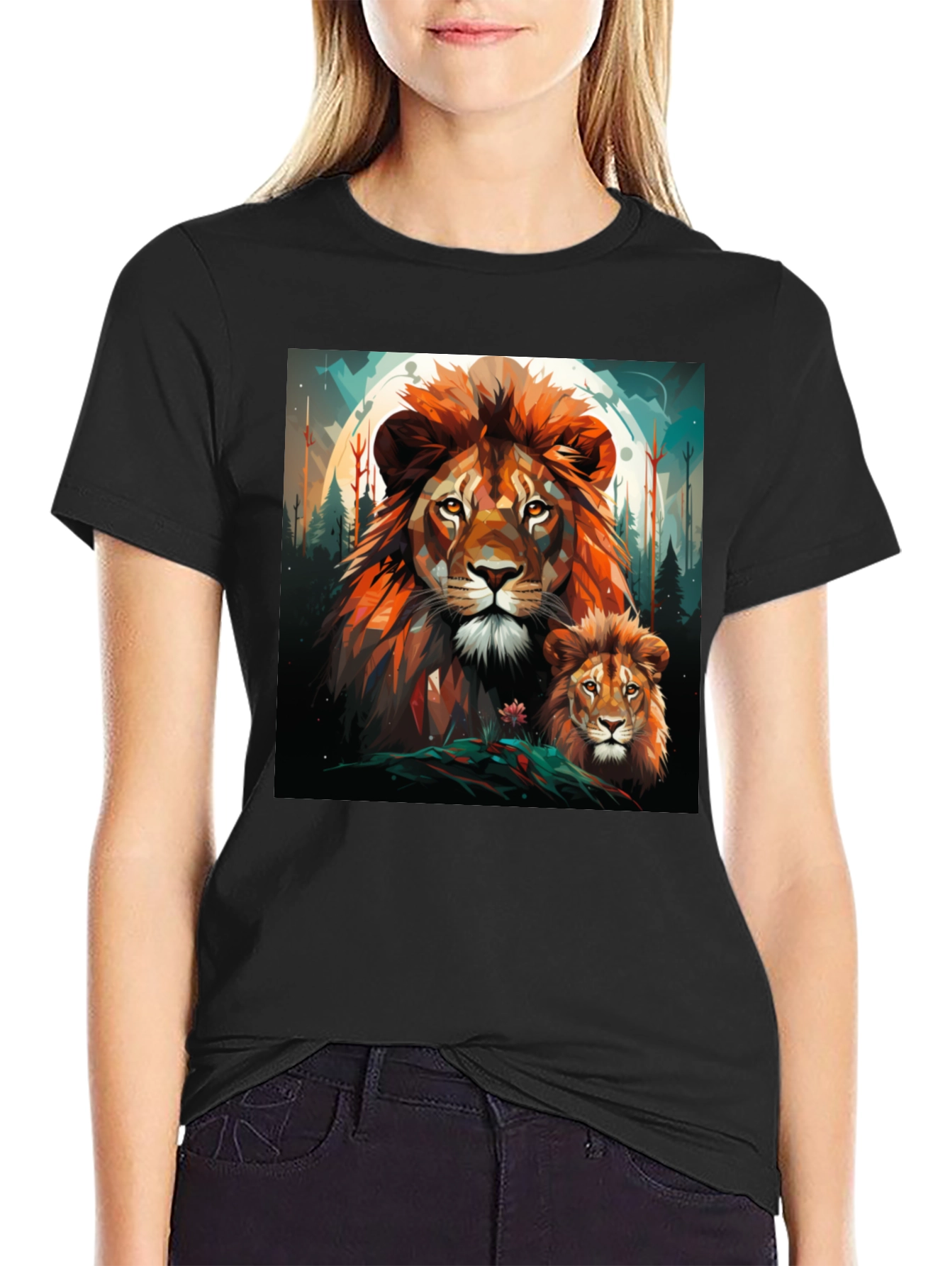 Lion Family Graphic Print Black Tee