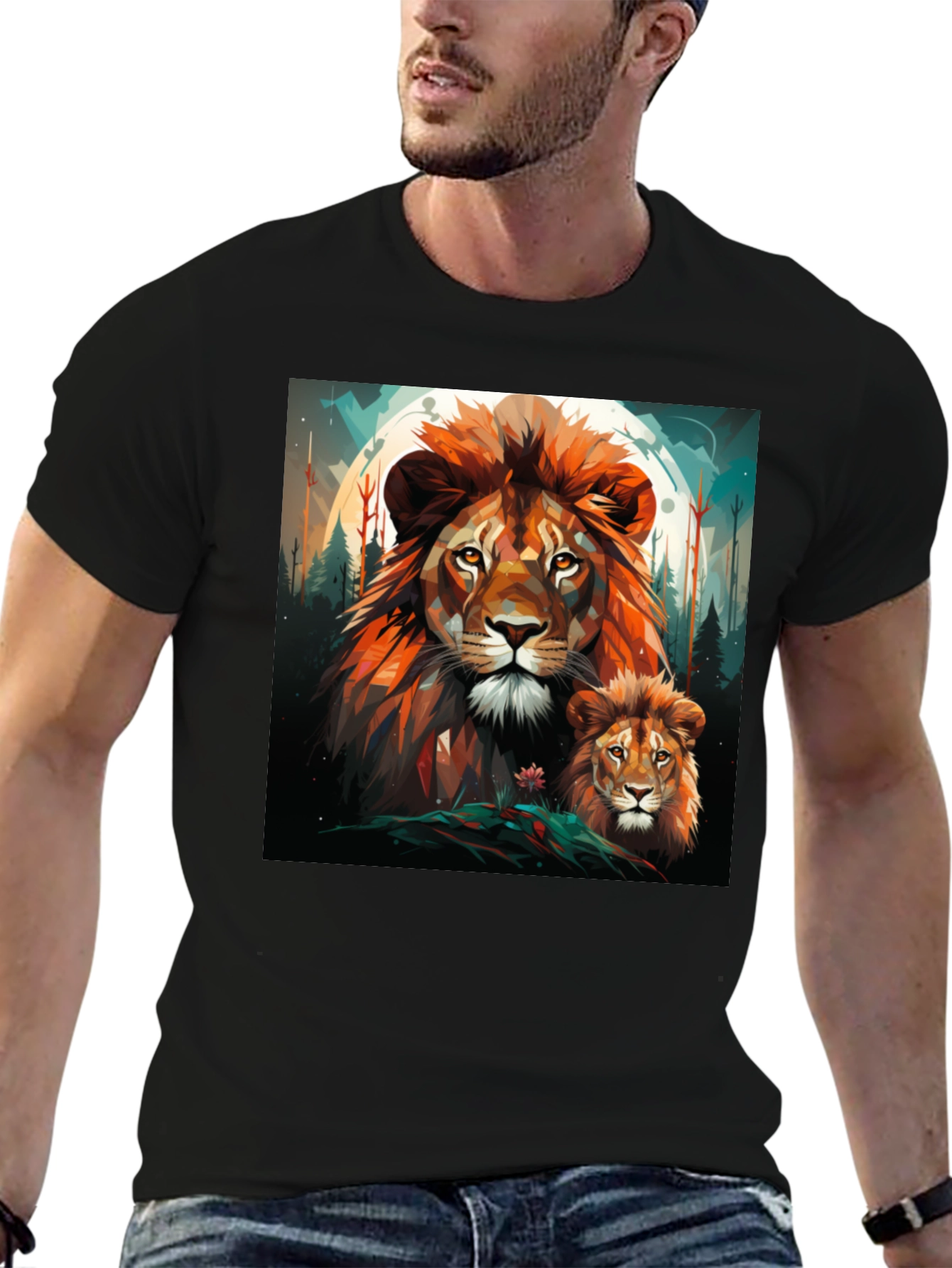 Lion Family Graphic Print Black Tee