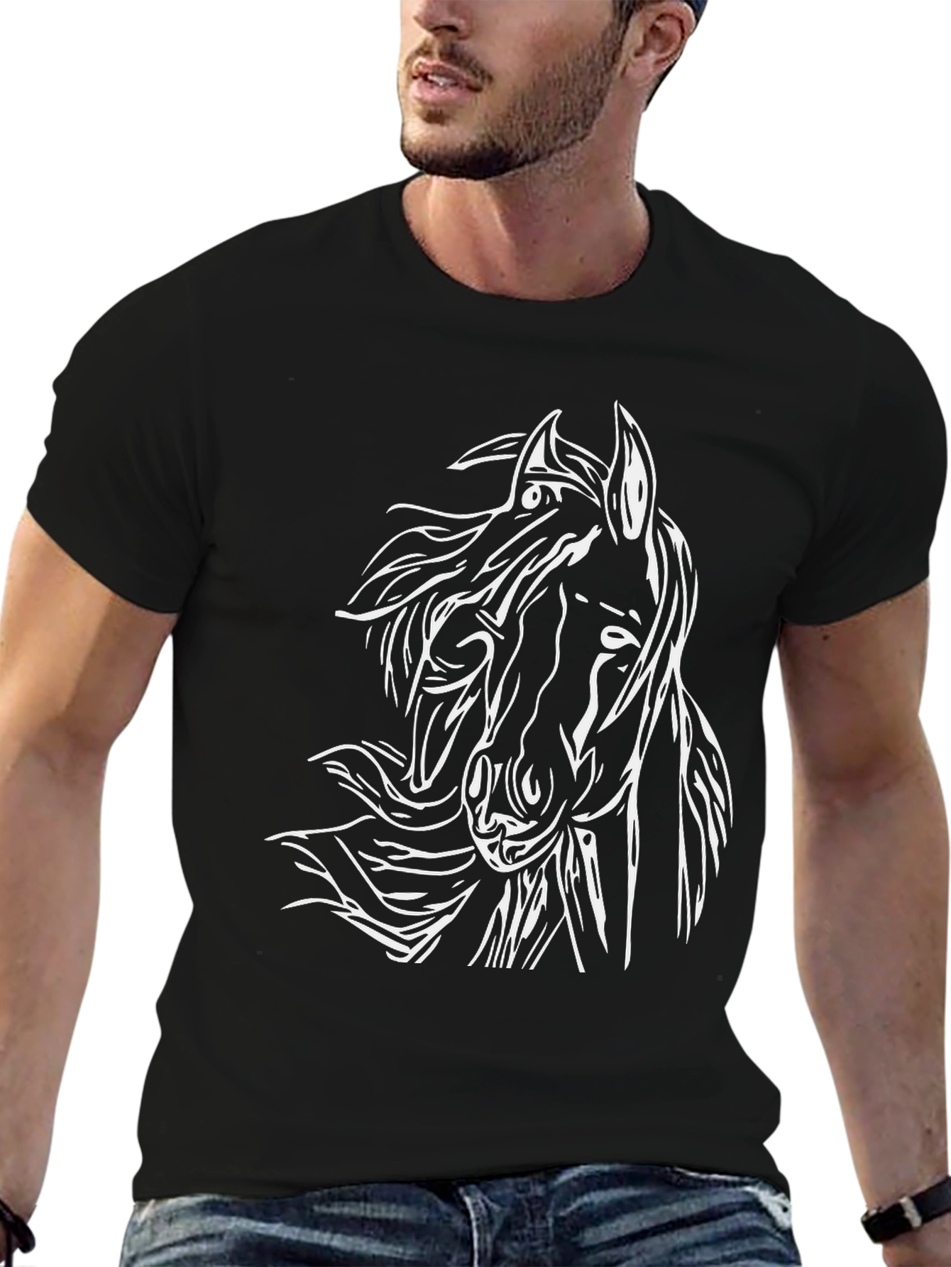Horse Graphic Tee - Black Cotton T-Shirt