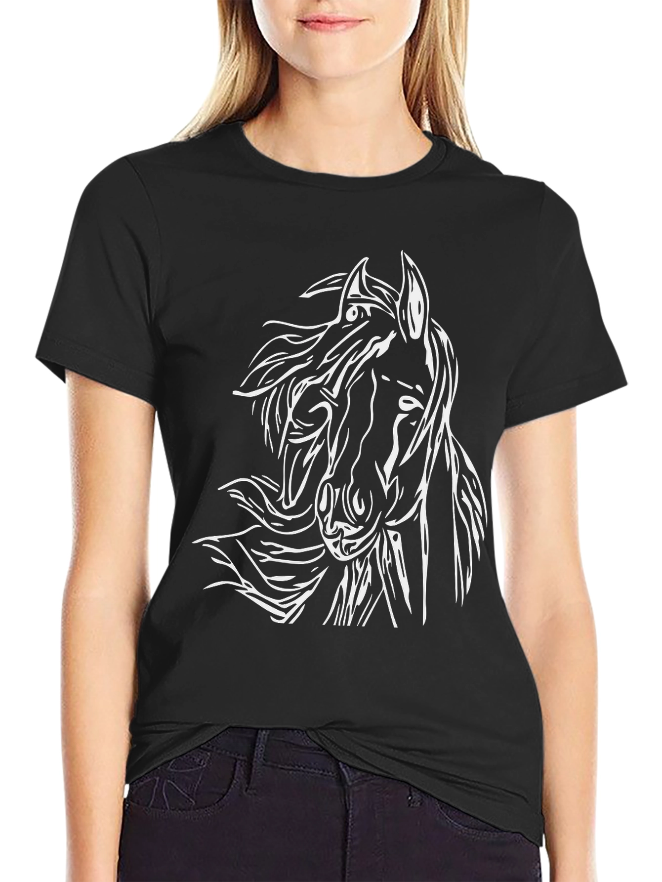 Horse Graphic Tee - Black Cotton T-Shirt