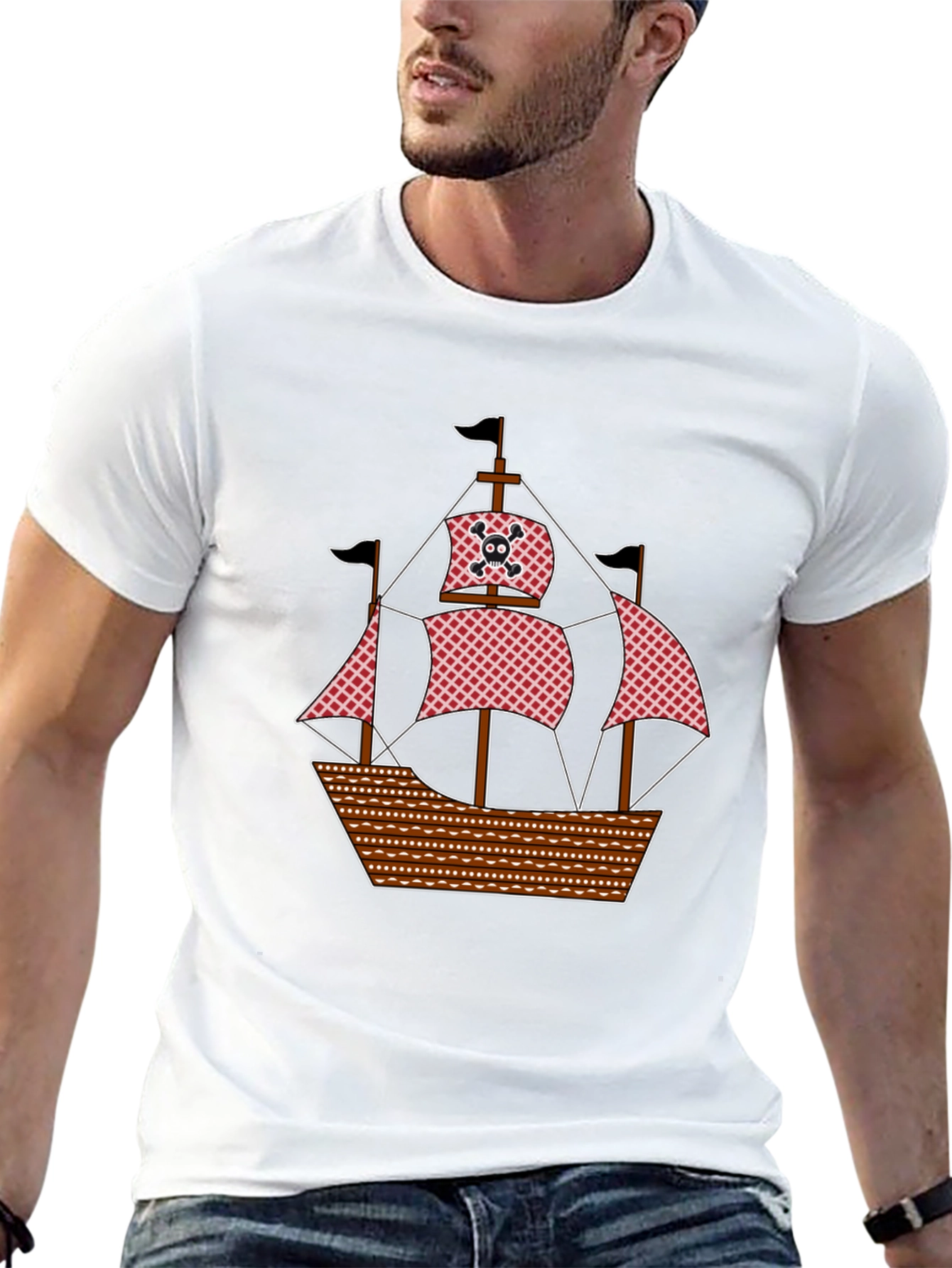Pirate Ship Graphic T-Shirt - Black Cotton Tee