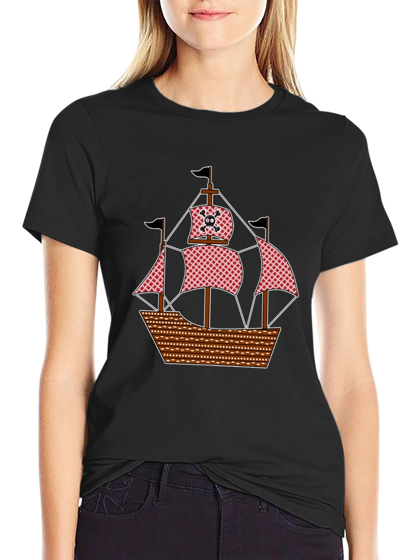Pirate Ship Graphic T-Shirt - Black Cotton Tee