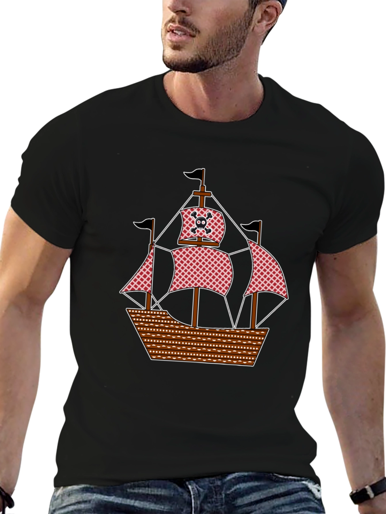 Pirate Ship Graphic T-Shirt - Black Cotton Tee