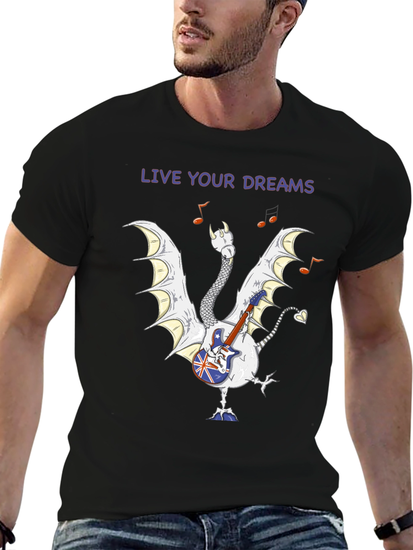 Live Your Dreams Dragon Guitarist Graphic Tee