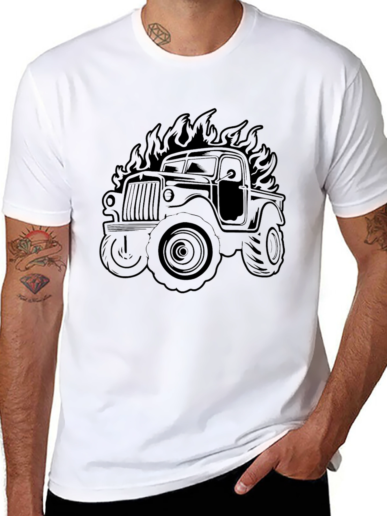 Fiery Truck Graphic Tee - Black Cotton Comfort