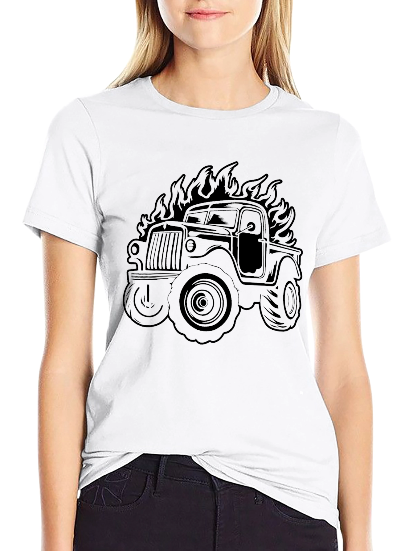 Fiery Truck Graphic Tee - Black Cotton Comfort