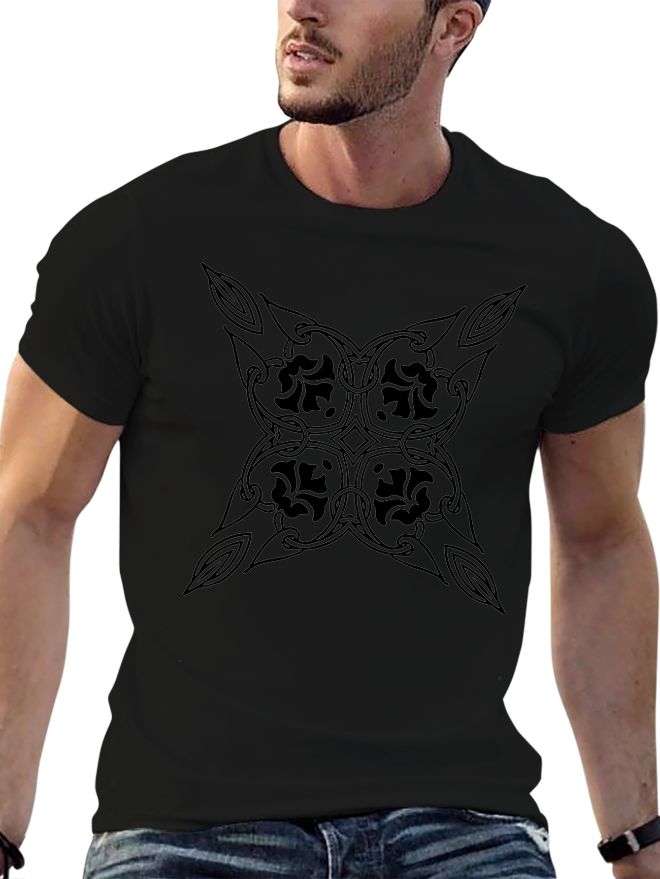 Elegant Floral Design Black T-Shirt