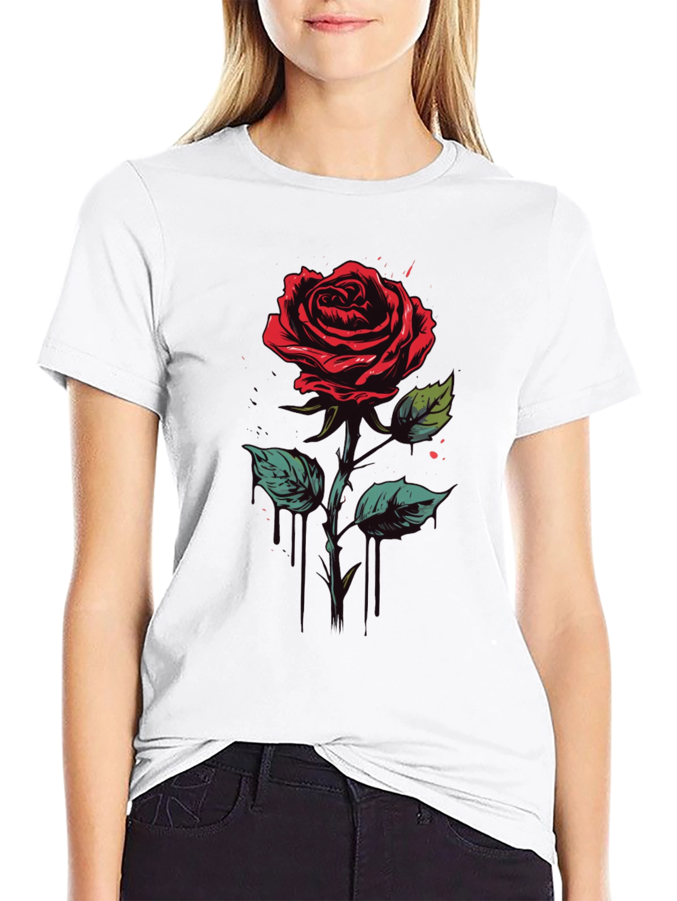 Rose Graphic Tee - Black Cotton Casual Shirt