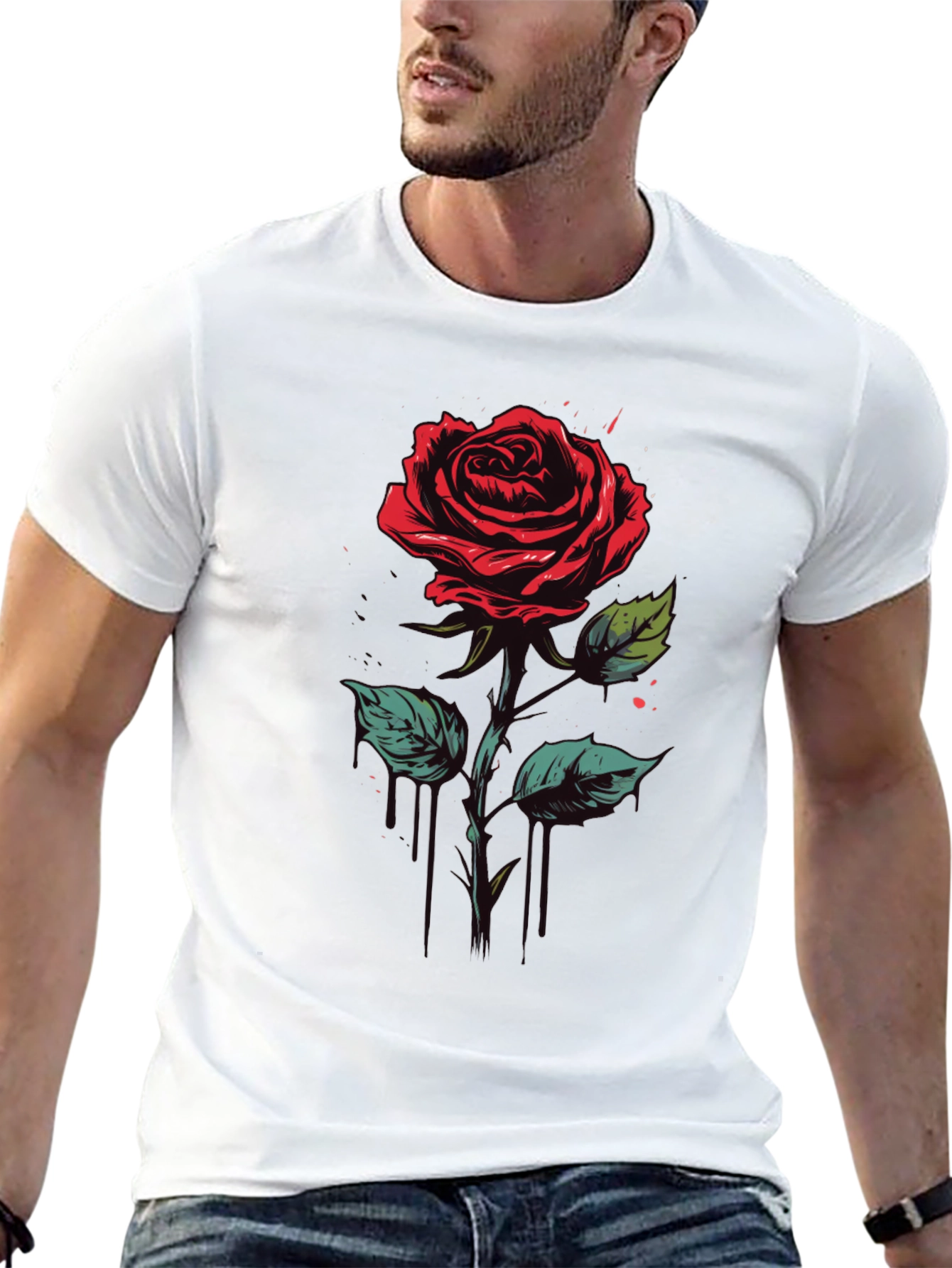 Rose Graphic Tee - Black Cotton Casual Shirt