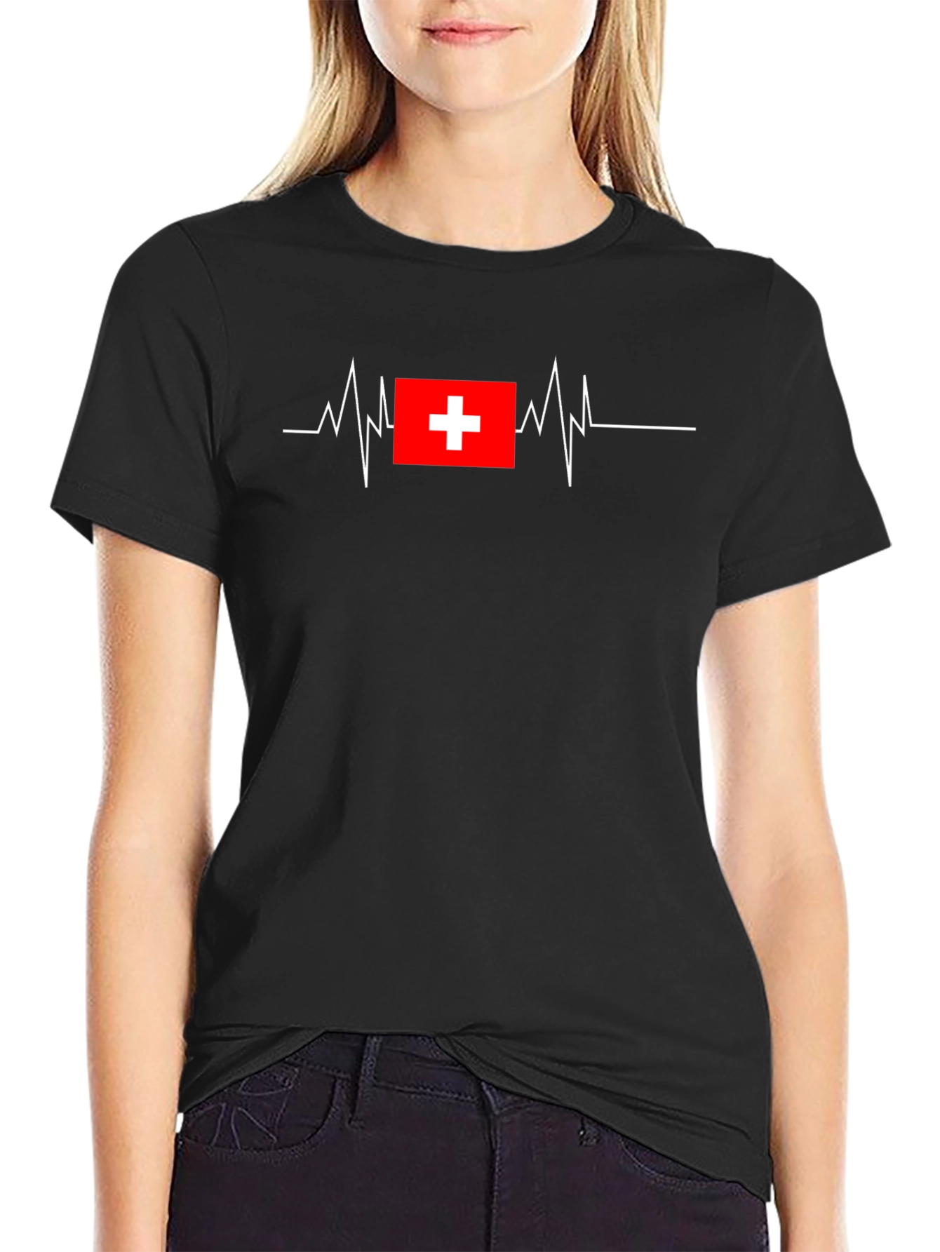 Heartbeat Swiss Flag Graphic Tee - Classic Black T-Shirt