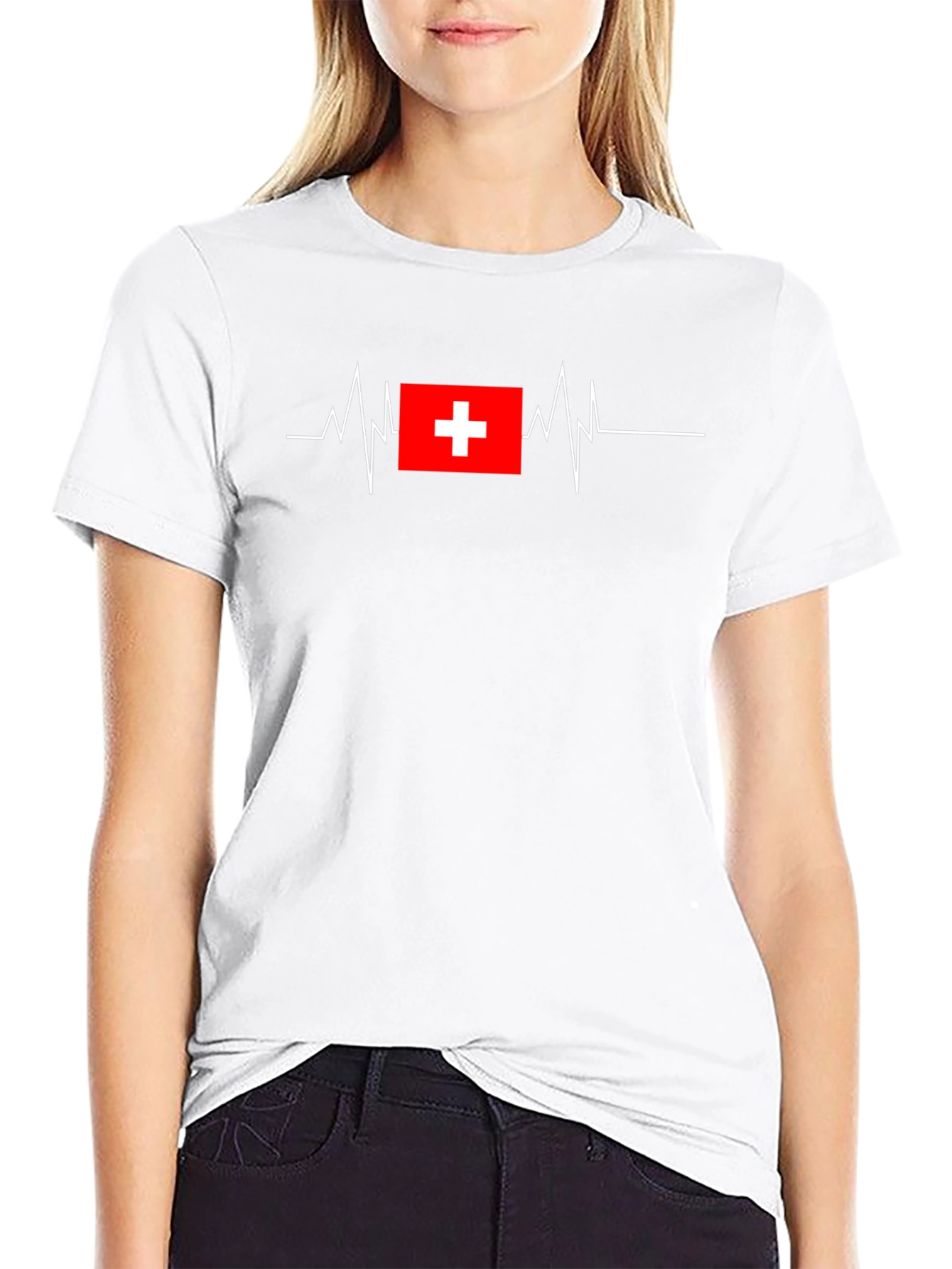 Heartbeat Swiss Flag Graphic Tee - Classic Black T-Shirt