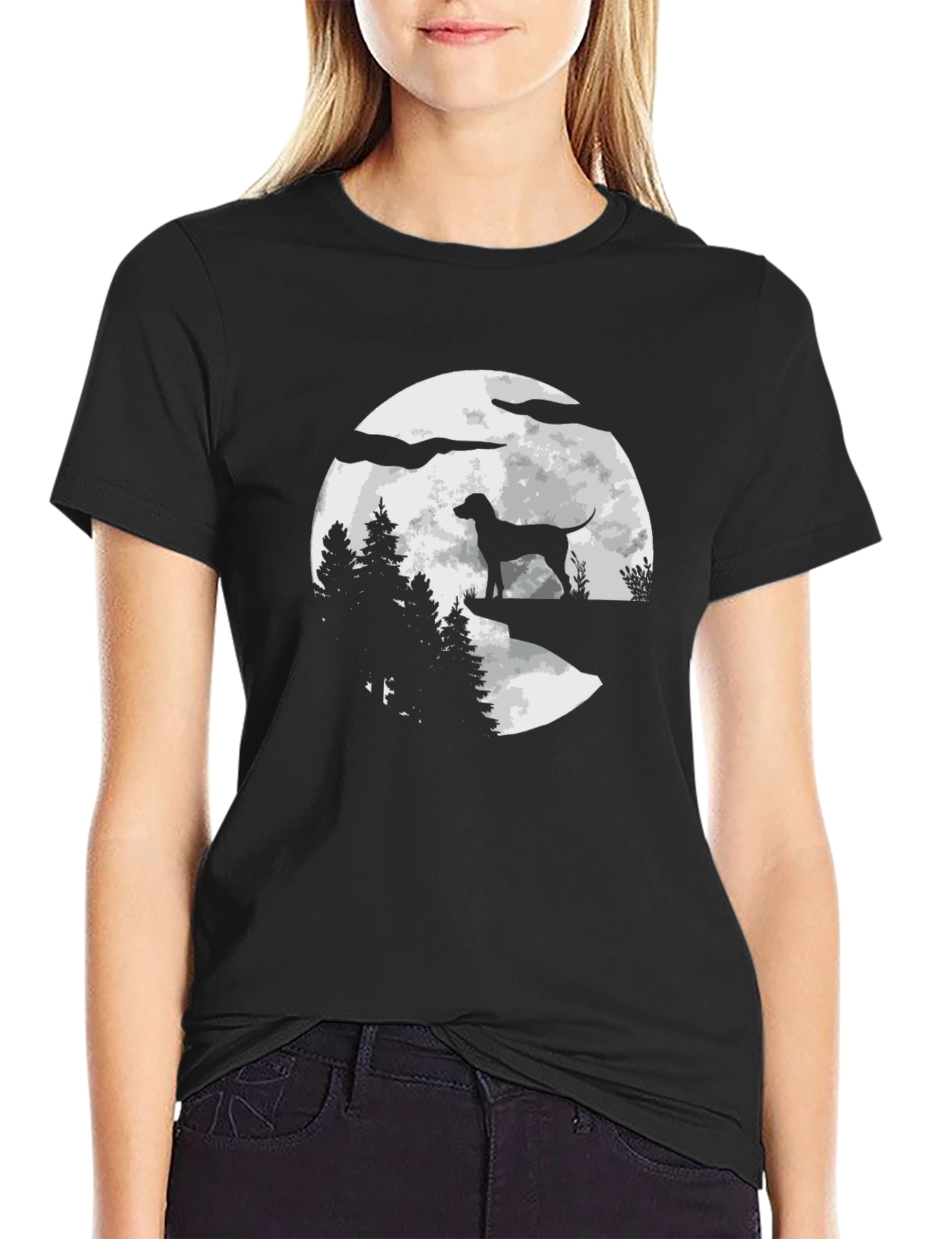 Dog Silhouette Moon Graphic Tee - Black Cotton Blend
