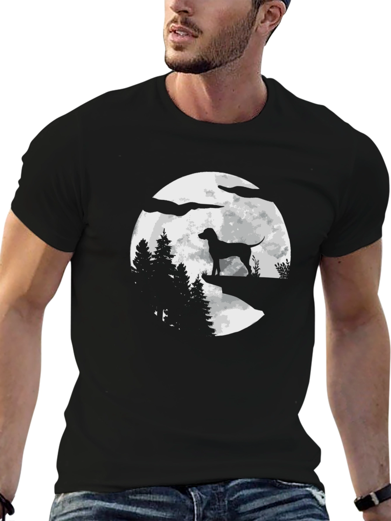 Dog Silhouette Moon Graphic Tee - Black Cotton Blend