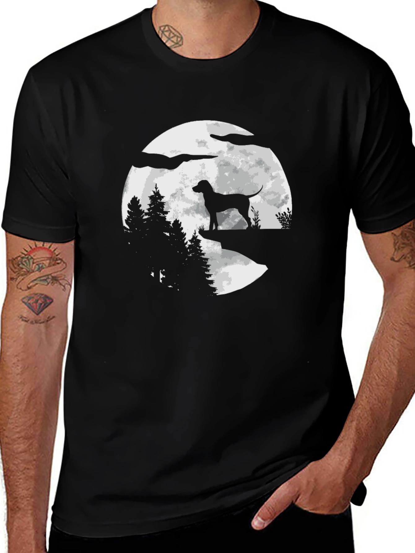 Dog Silhouette Moon Graphic Tee - Black Cotton Blend