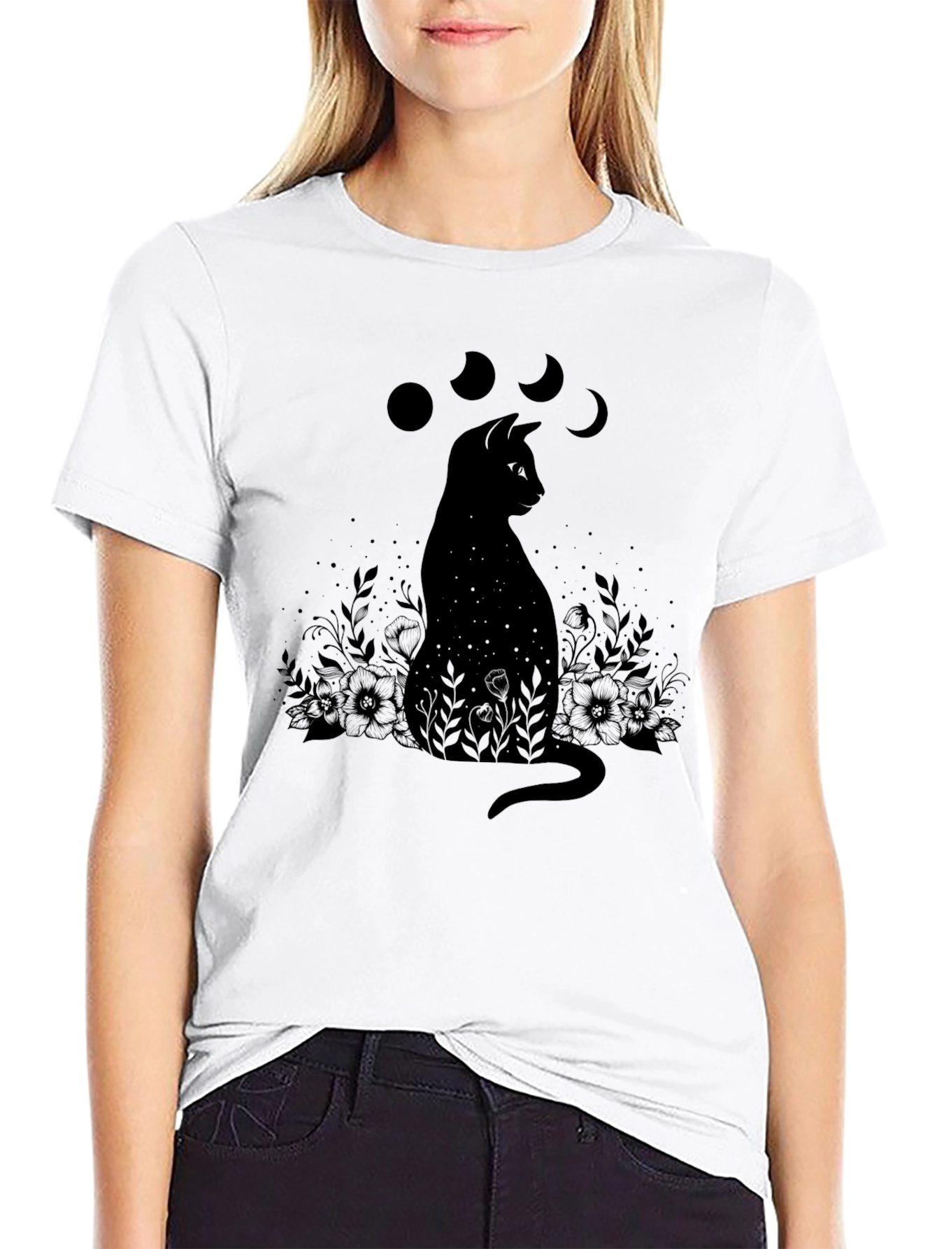 Black Cat Moon Phases T-Shirt - Mystical Design