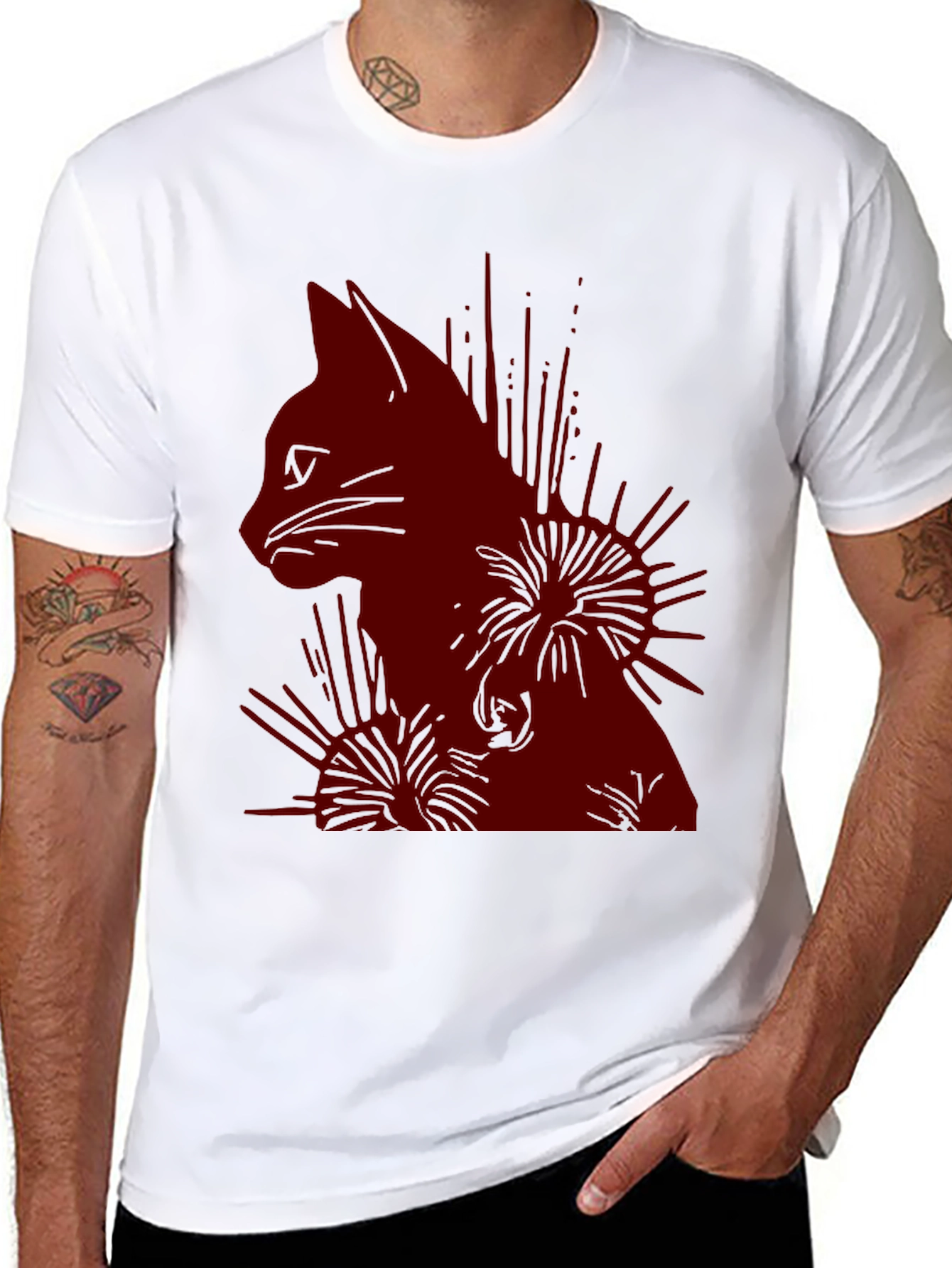 Cat Silhouette Graphic Print T-Shirt - Casual Wear