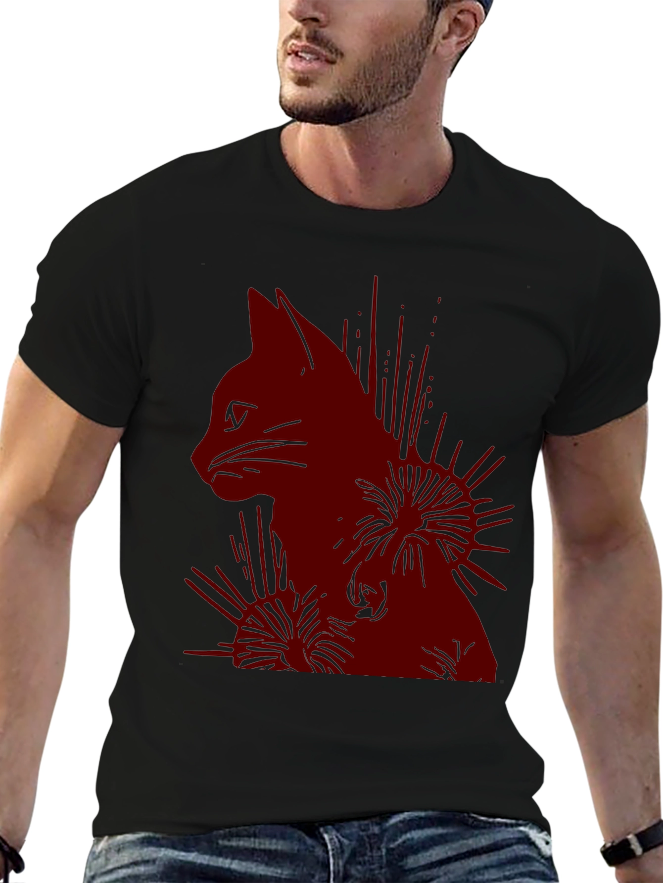Cat Silhouette Graphic Print T-Shirt - Casual Wear