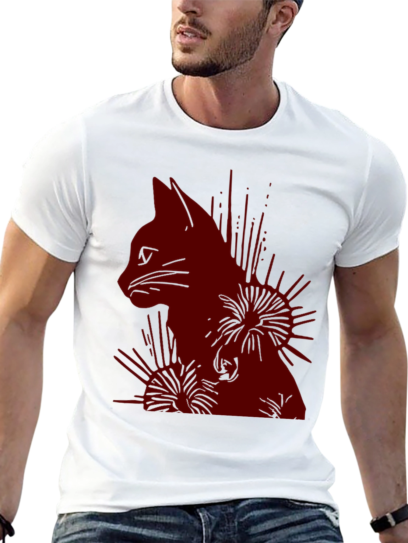 Cat Silhouette Graphic Print T-Shirt - Casual Wear