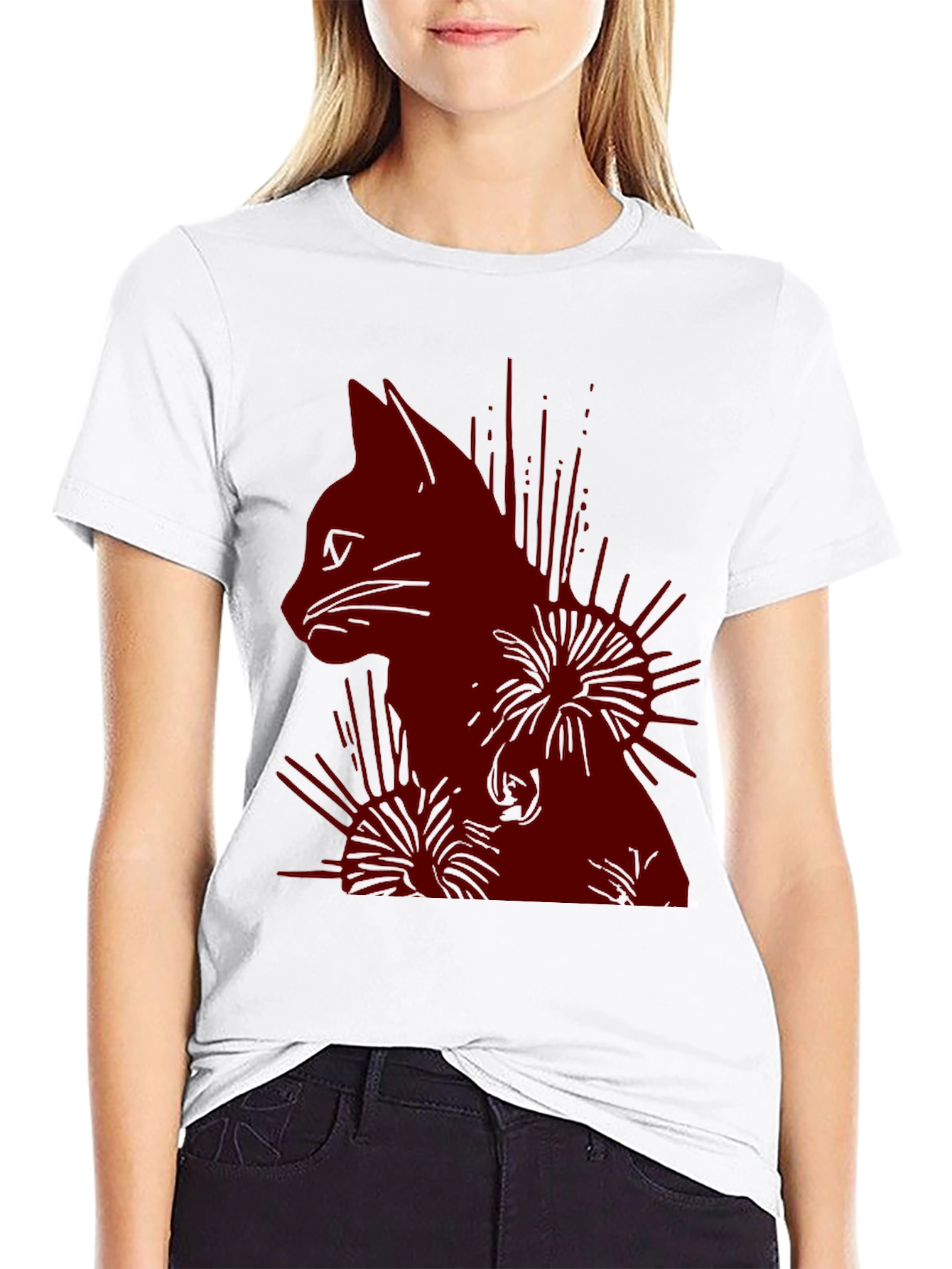 Cat Silhouette Graphic Print T-Shirt - Casual Wear