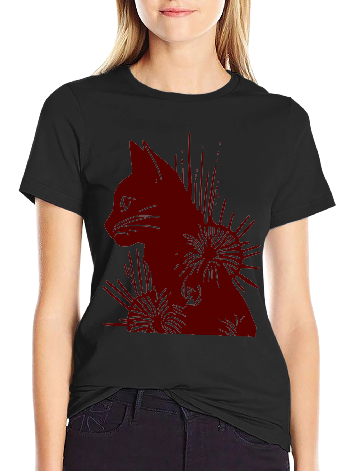 Cat Silhouette Graphic Print T-Shirt - Casual Wear