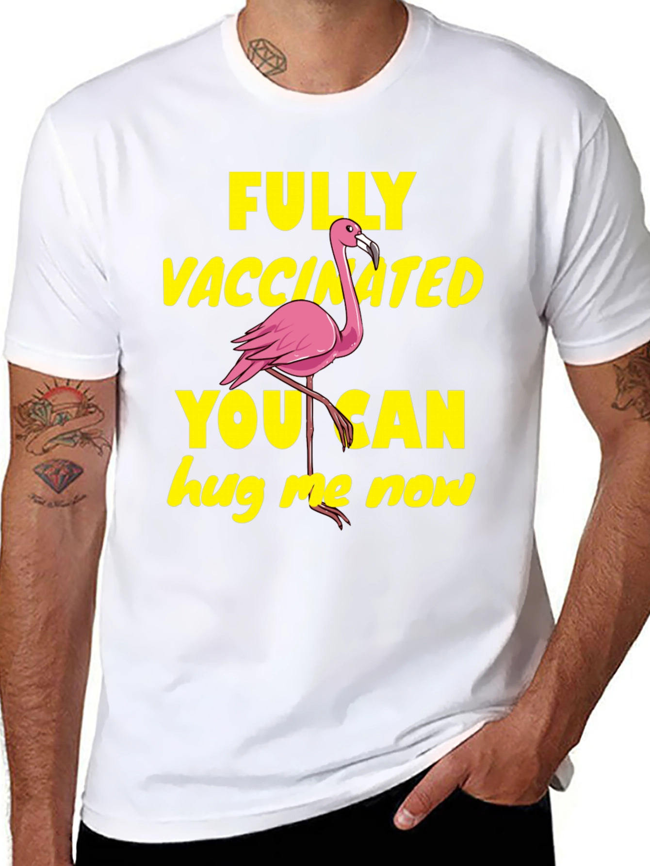 Vaccinated Flamingo T-Shirt - Hug Me Now!