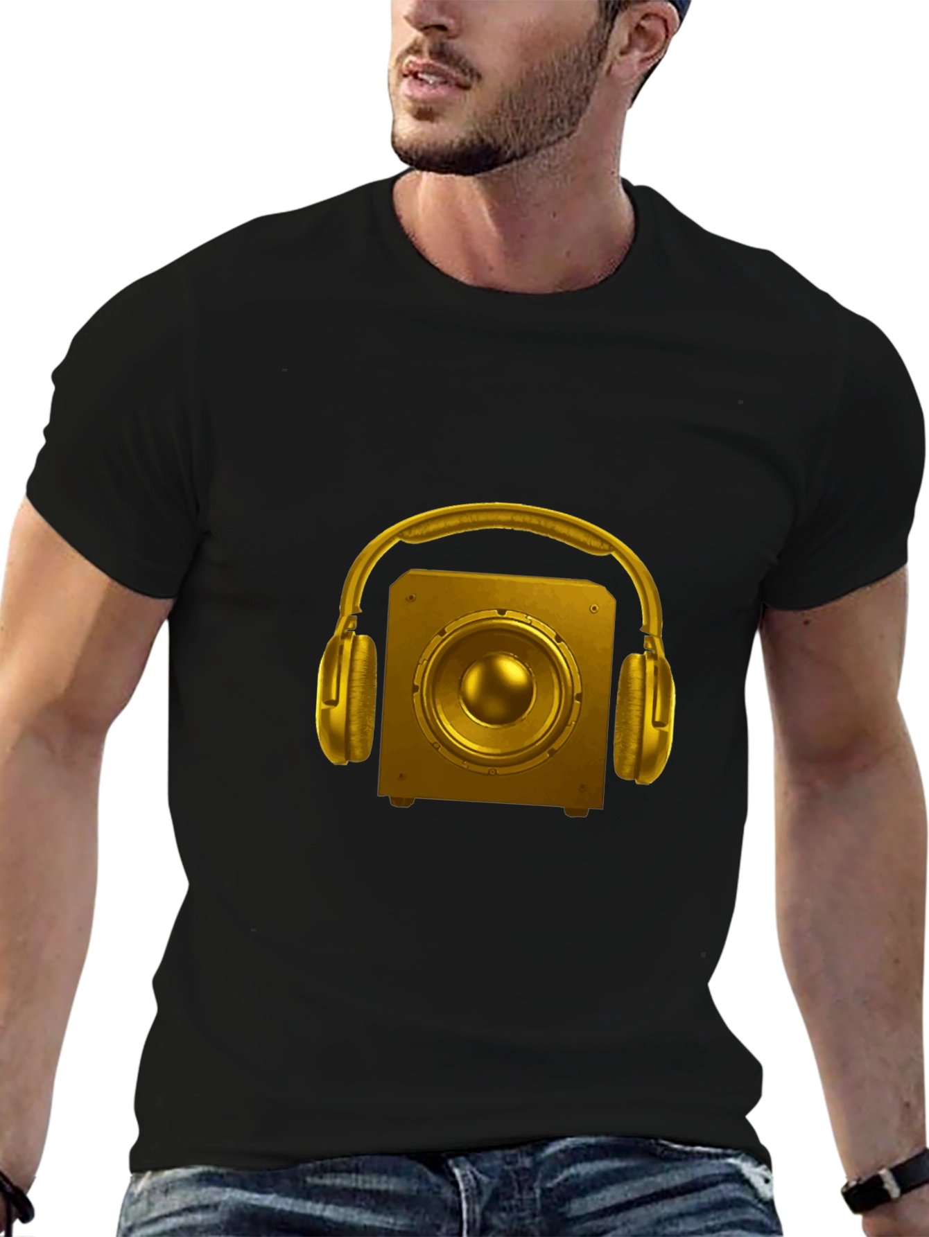 Golden Speaker & Headphone Graphic Black Tee