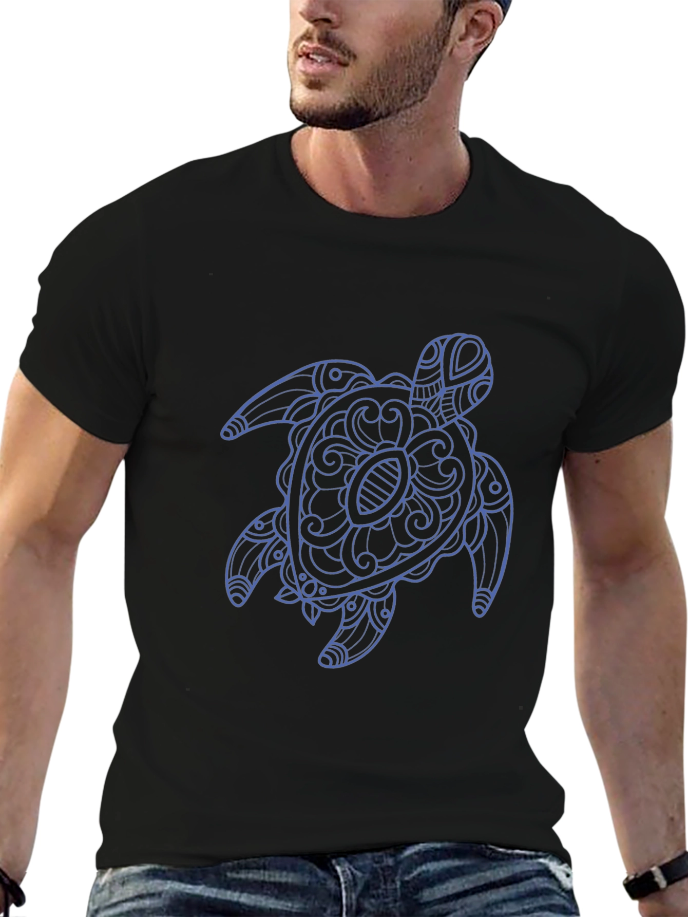Mens Black T-Shirt with Blue Turtle Graphic