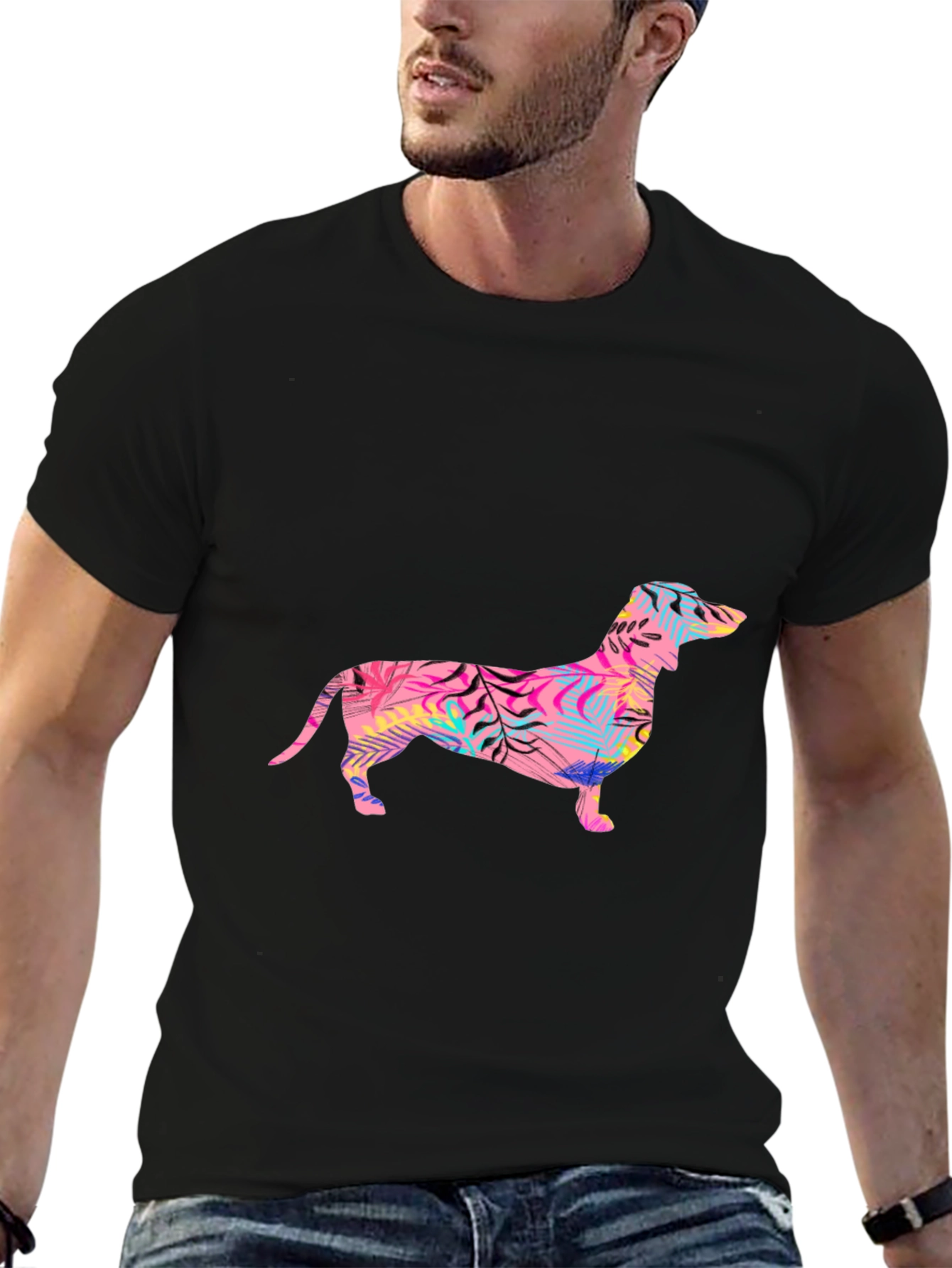 Tropical Dachshund Graphic Tee - Mens Black T-Shirt