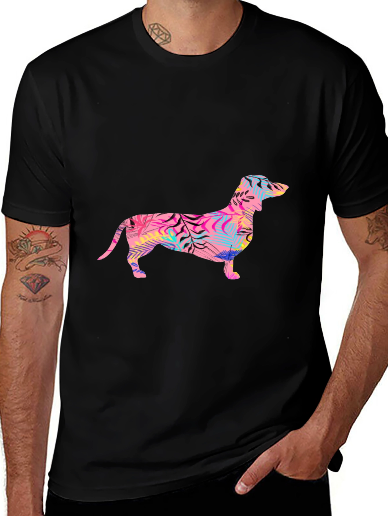 Tropical Dachshund Graphic Tee - Mens Black T-Shirt