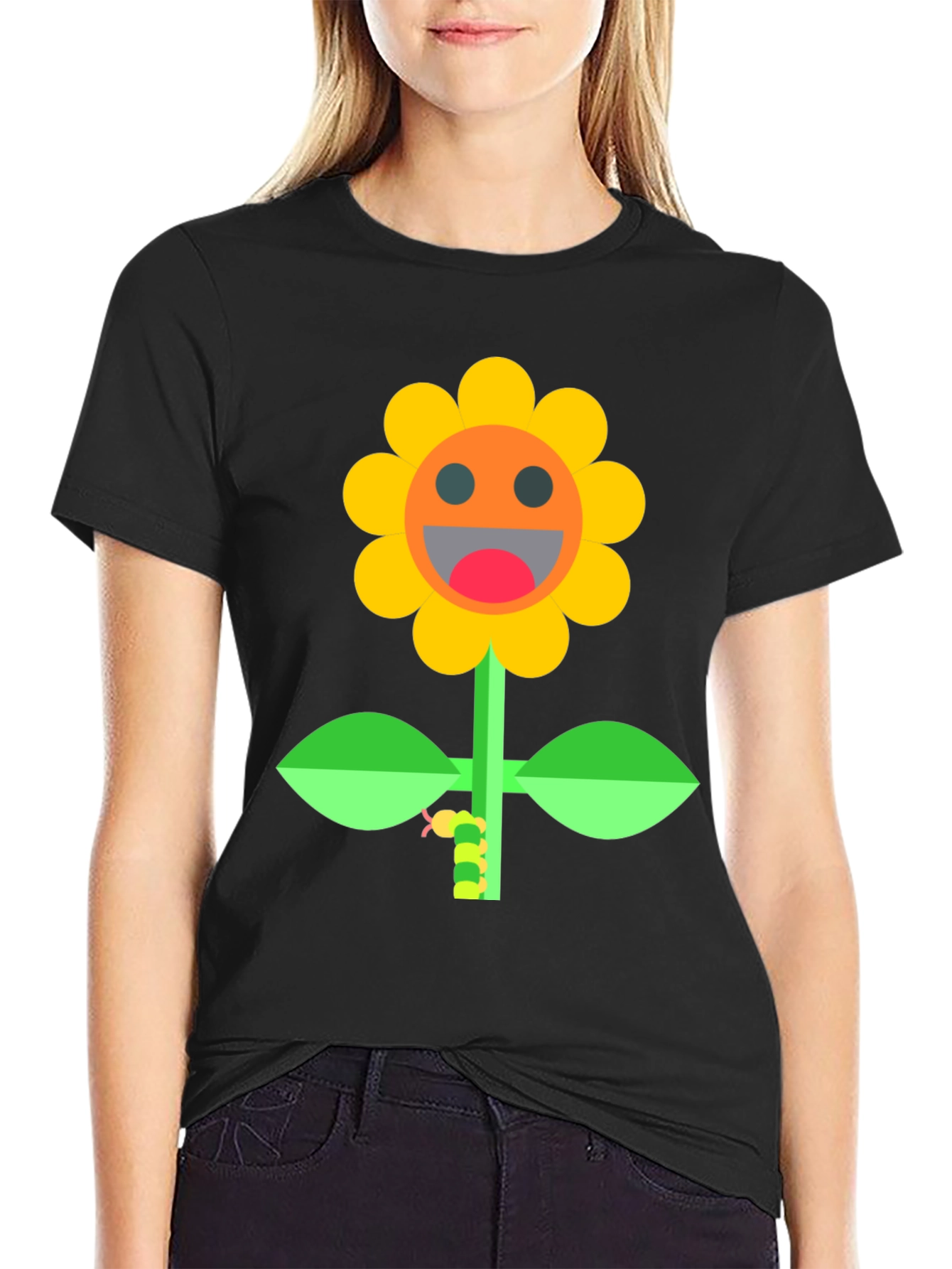 Smiling Sunflower Graphic Tee - Black Cotton Shirt