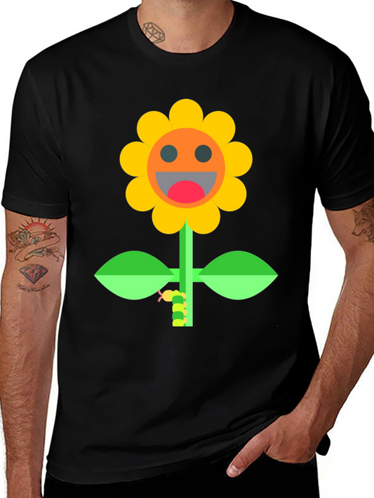 Smiling Sunflower Graphic Tee - Black Cotton Shirt