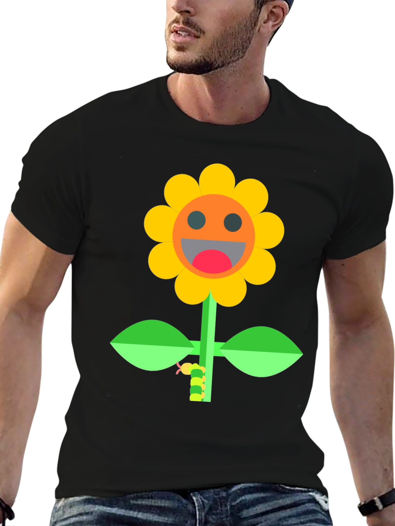 Smiling Sunflower Graphic Tee - Black Cotton Shirt