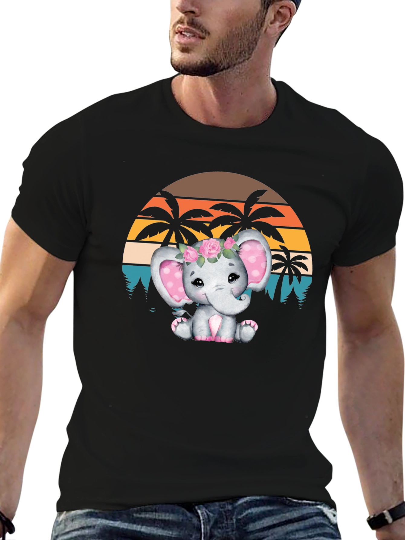 Cute Elephant Sunset Graphic T-Shirt - Soft Cotton Blend