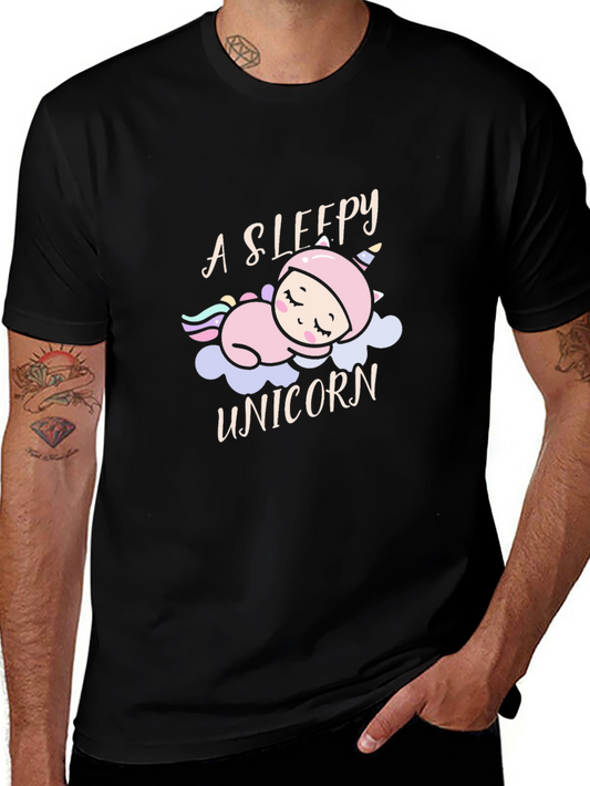 Sleepy Unicorn Graphic Tee - Black Cotton Comfort