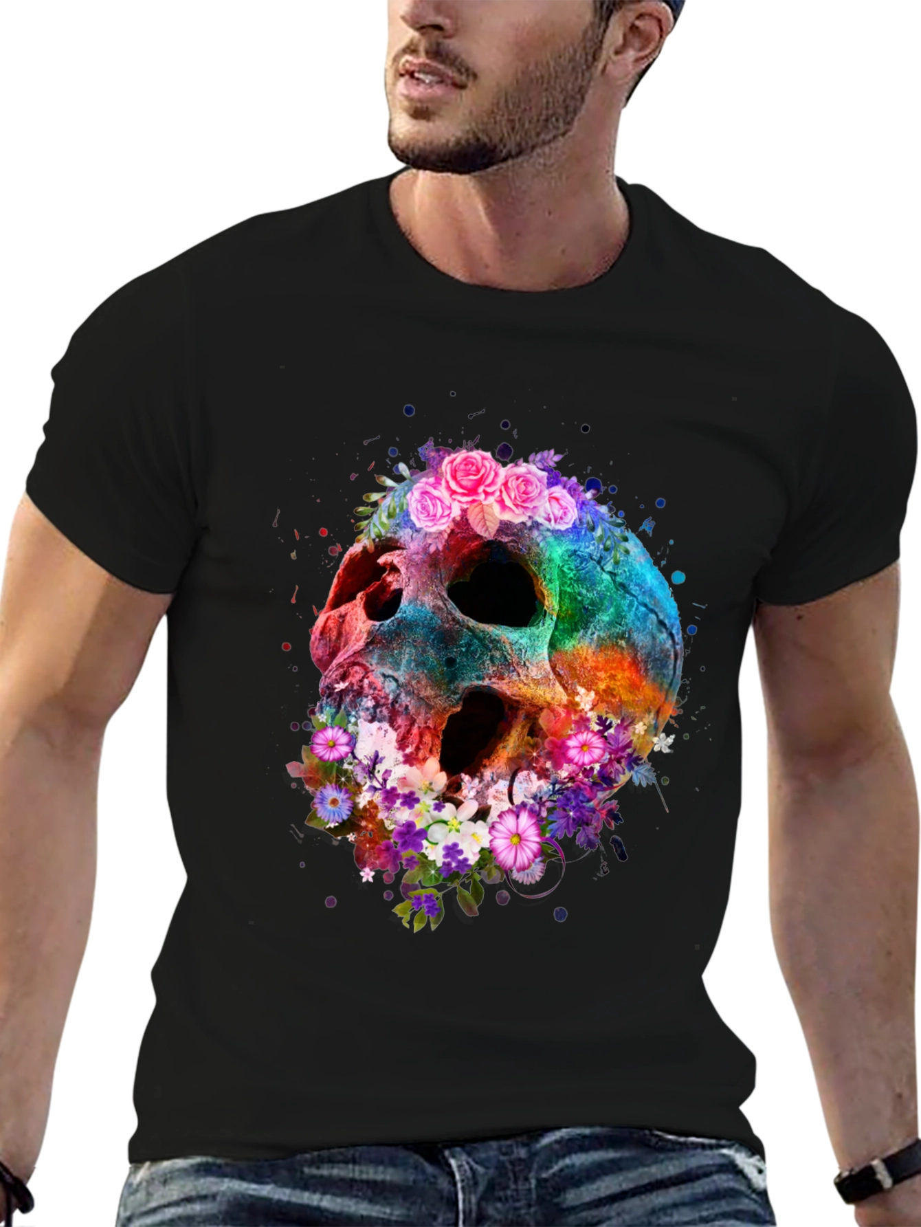 Floral Skull Graphic Tee - Black Cotton Blend