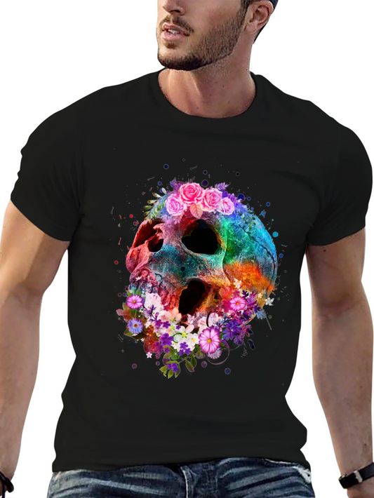 Floral Skull Graphic Tee - Black Cotton Blend