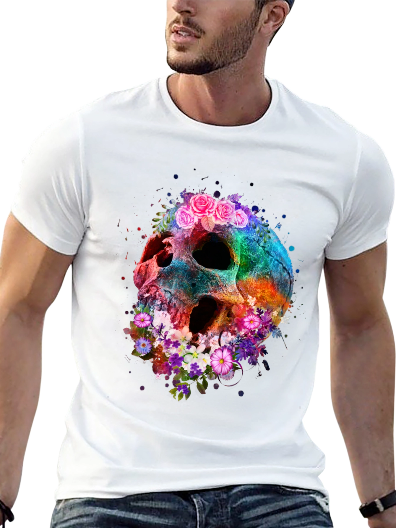 Floral Skull Graphic Tee - Black Cotton Blend