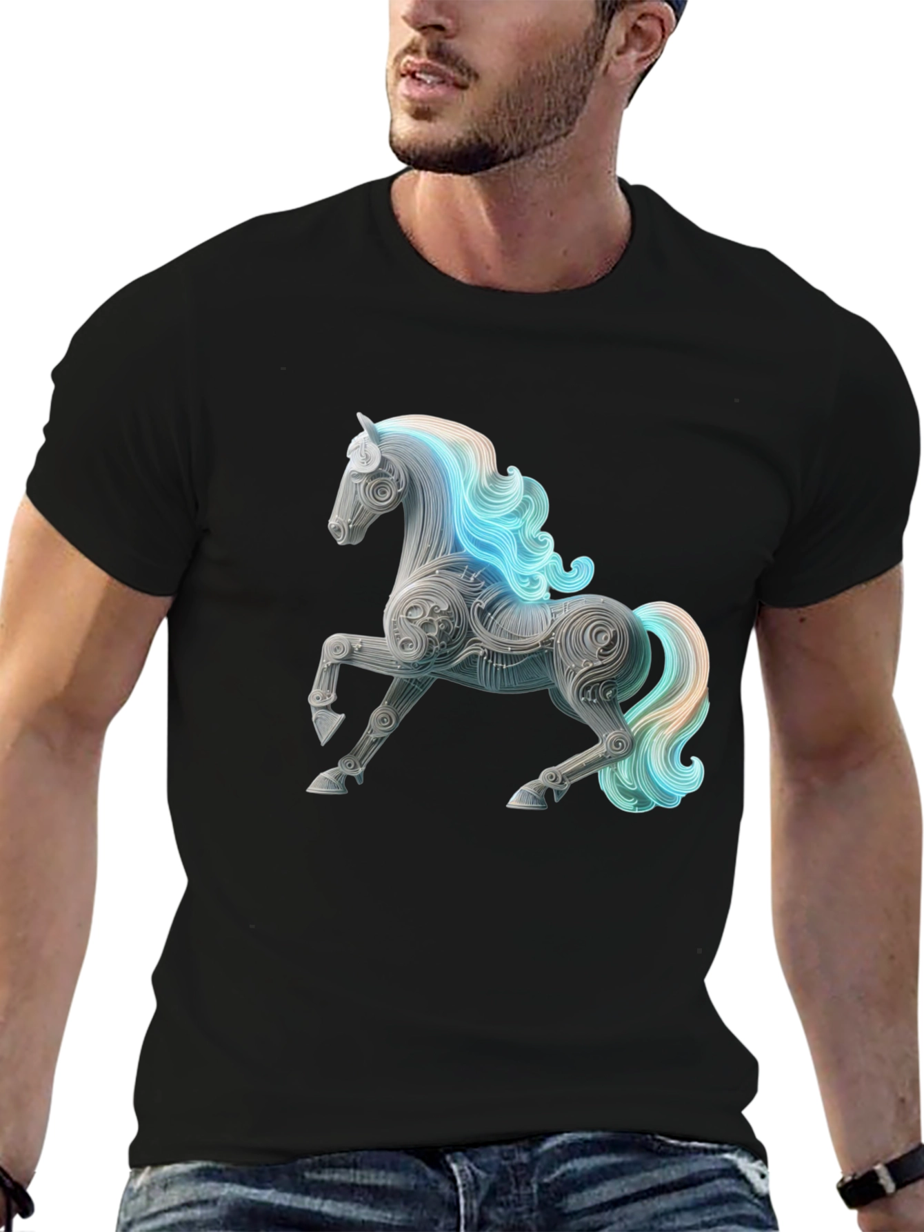 Artistic Horse Graphic Tee - Black Cotton Blend