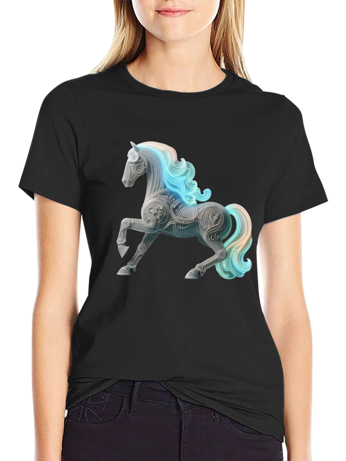 Artistic Horse Graphic Tee - Black Cotton Blend
