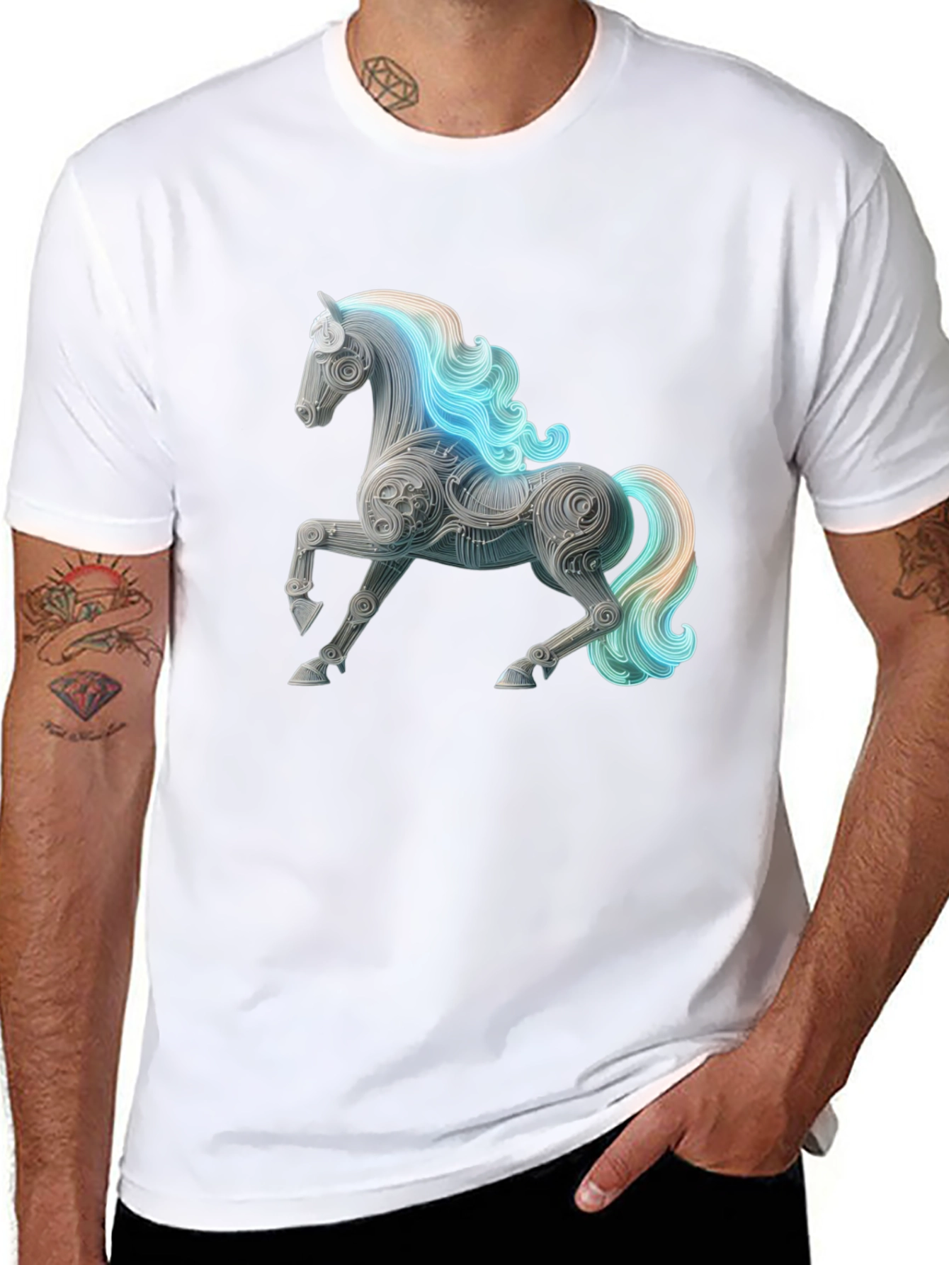 Artistic Horse Graphic Tee - Black Cotton Blend