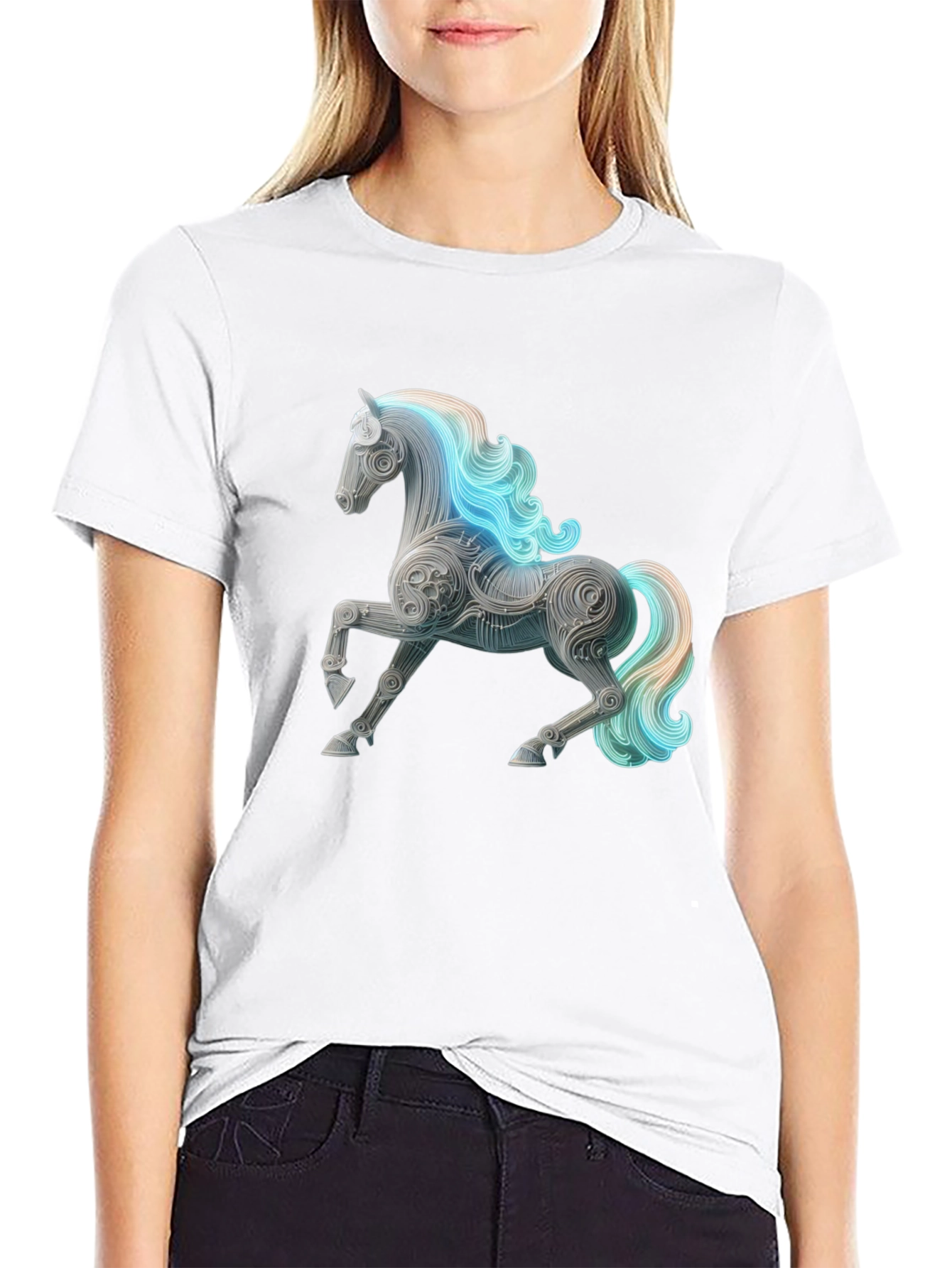 Artistic Horse Graphic Tee - Black Cotton Blend
