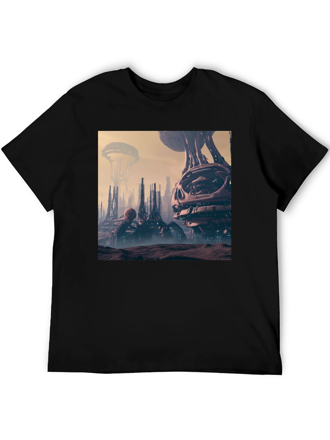 Sci-Fi Cityscape Graphic Tee - Black Cotton Shirt