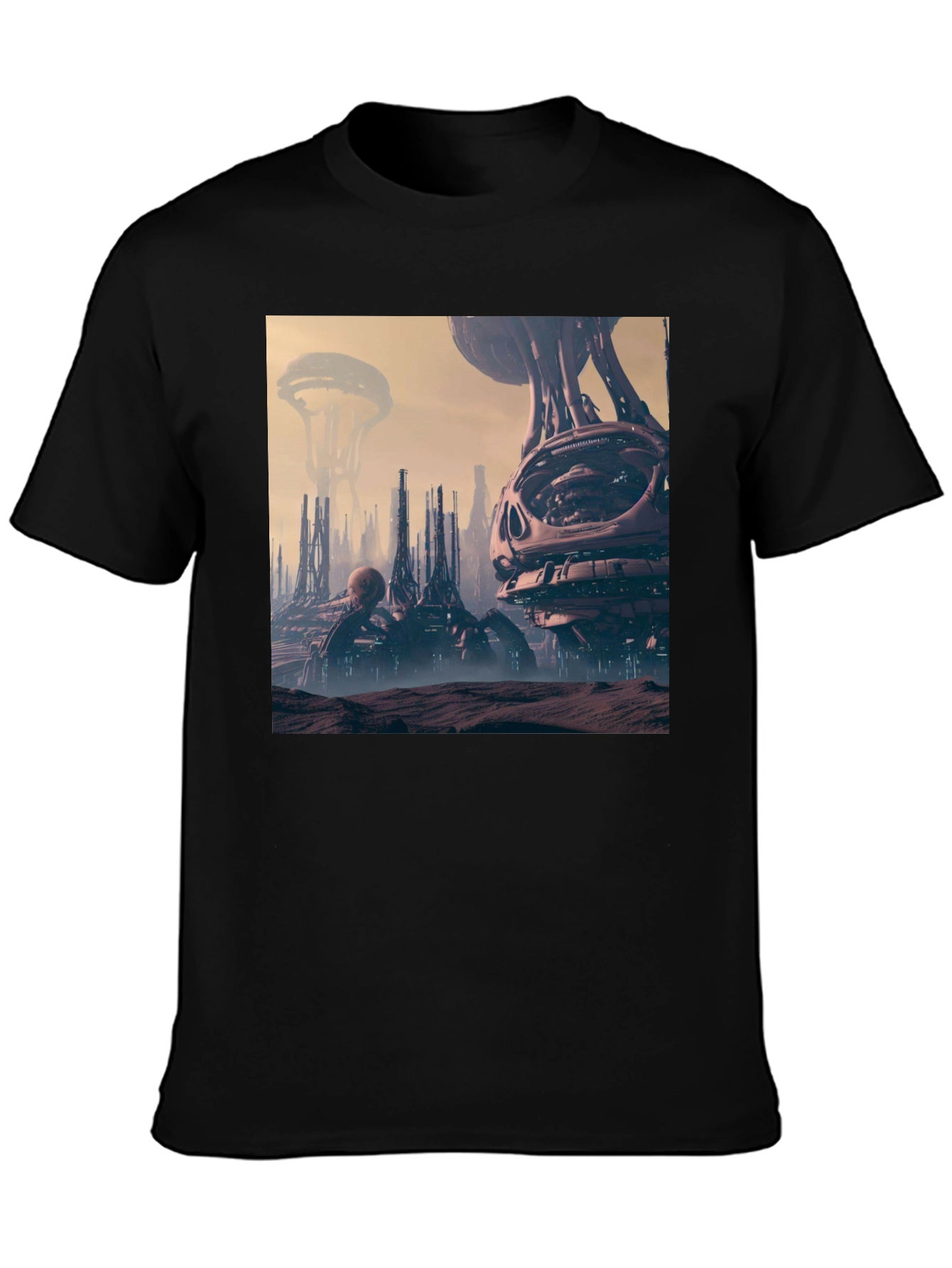 Sci-Fi Cityscape Graphic Tee - Black Cotton Shirt